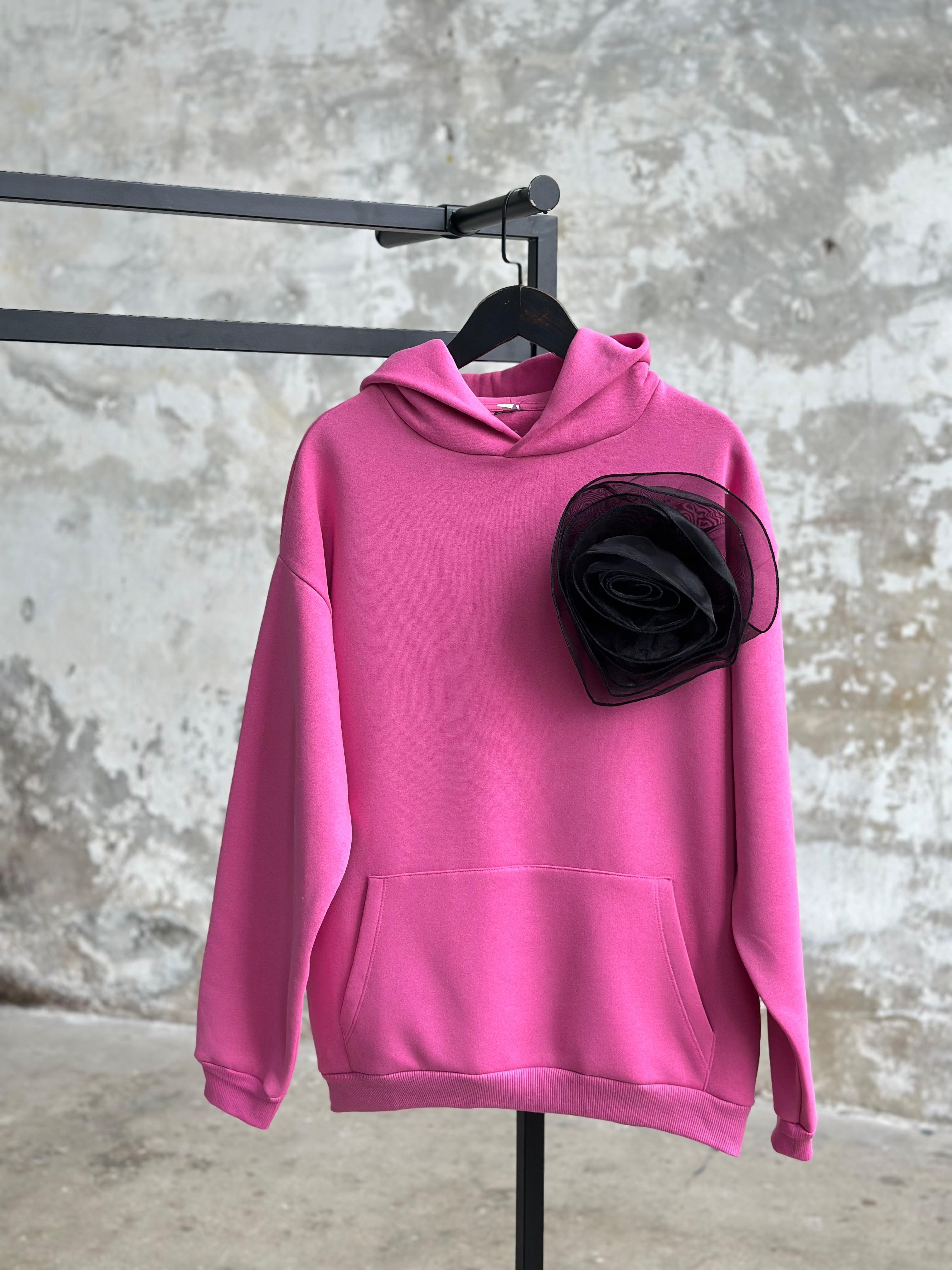 Tasarım Organze Güllü Kapşunlu Sweat (Pembe)