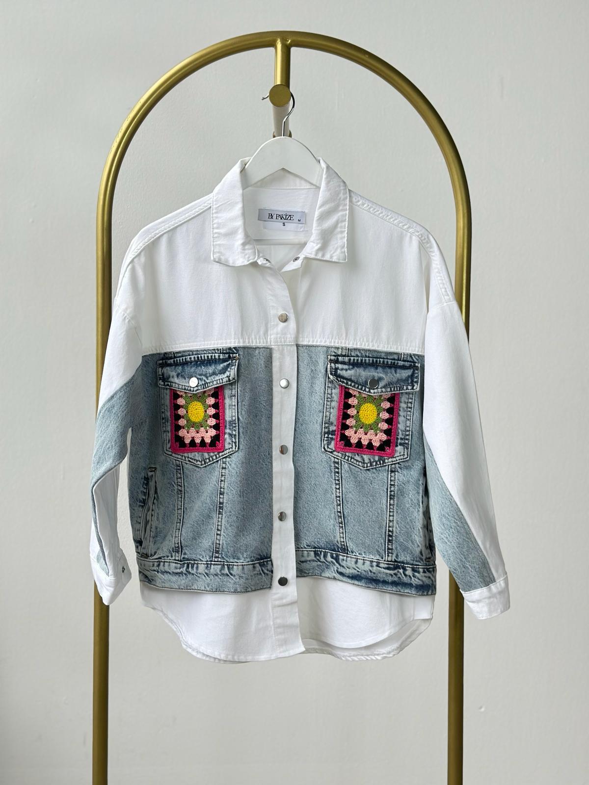 Tasarım Örme Cep Detaylı Denim Ceket (Beyaz)