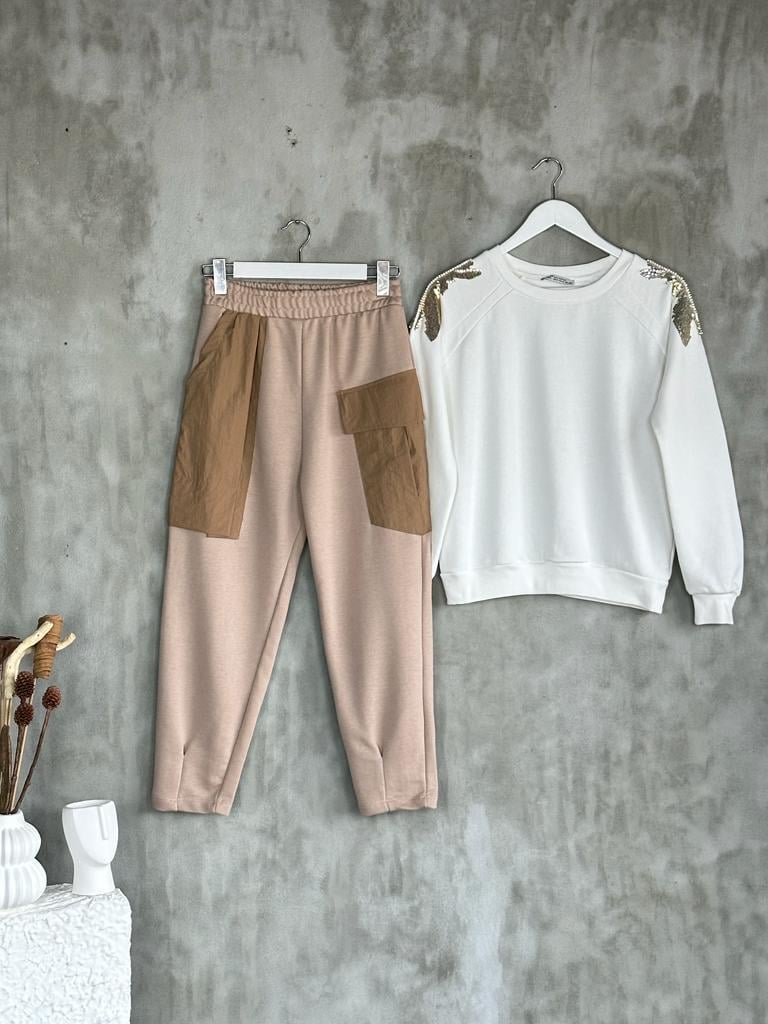 Tasarım Paraşüt Cep Detaylı Şalvar Model Pantolon (Bej)