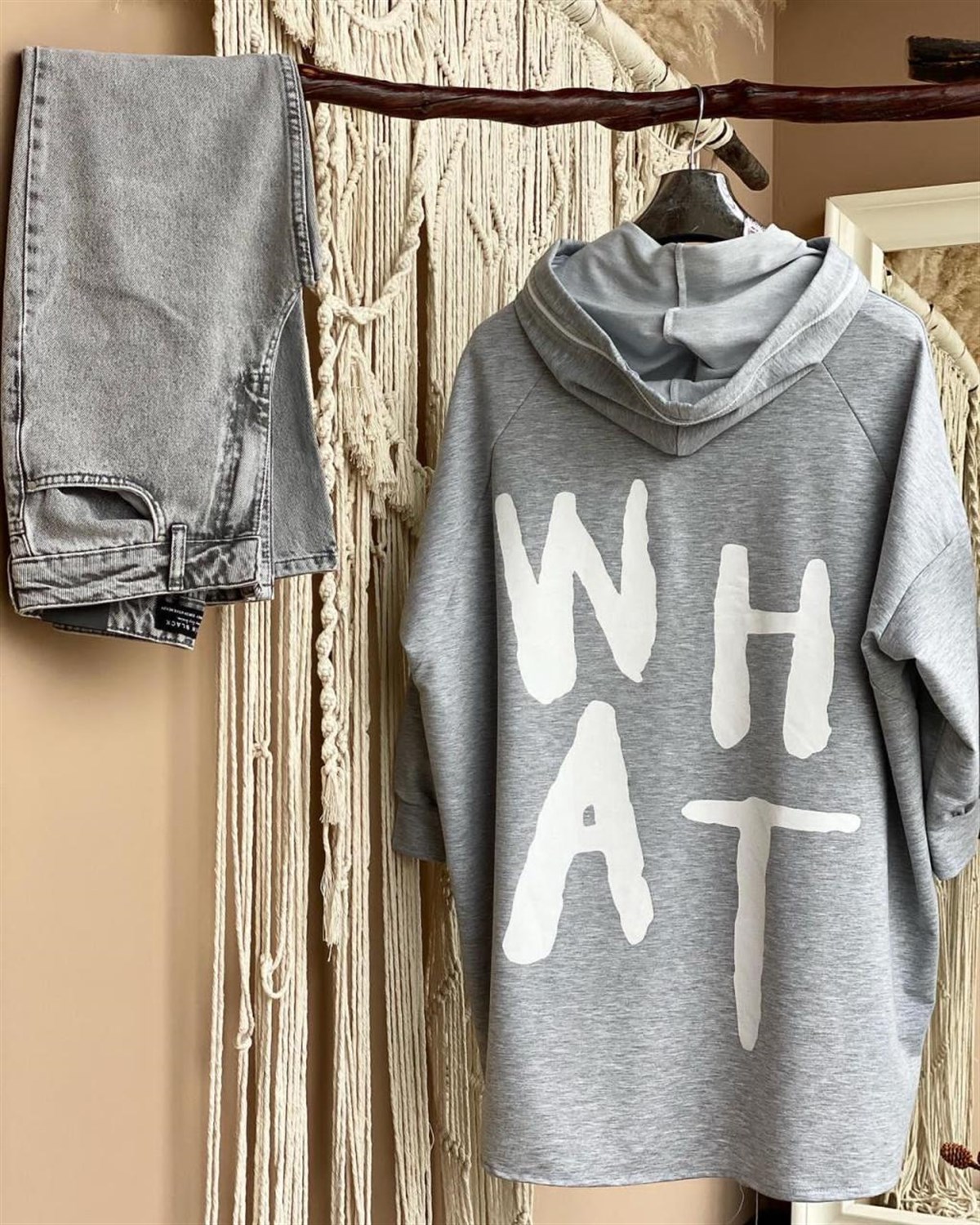 Tasarım Salaş Kapşonu fermuar Detaylı Sweatshirt (GRİ)