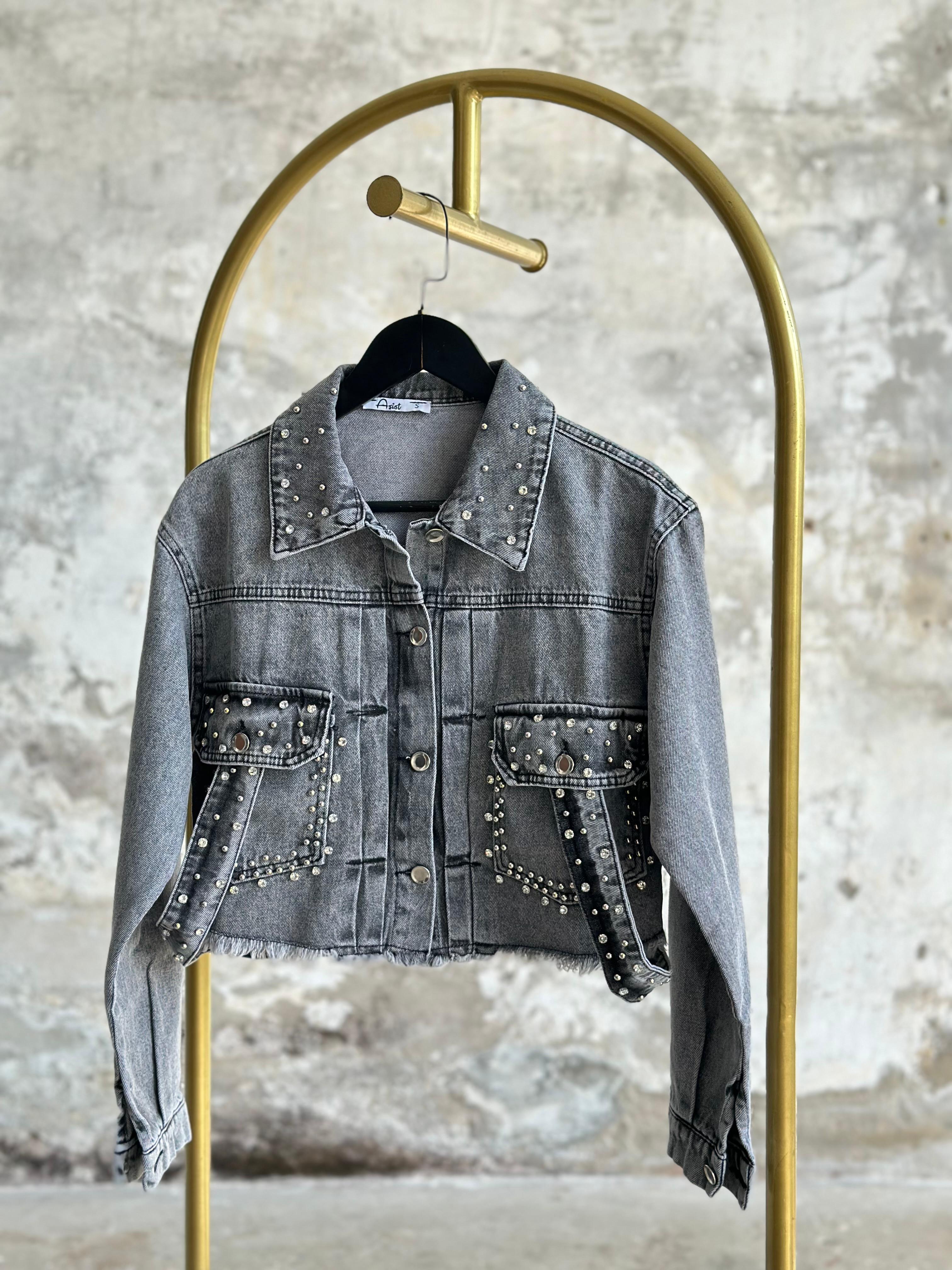 Tasarım Taşlı Kuşaklı Denim Ceket (Siyah)