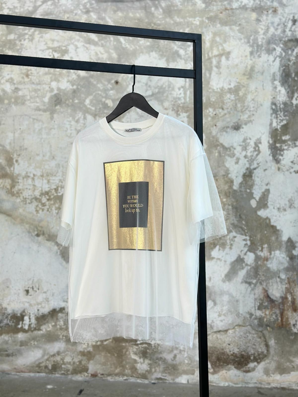 Tasarım Tül Eklemeli Varak Kaplamalı Tişört (Beyaz)