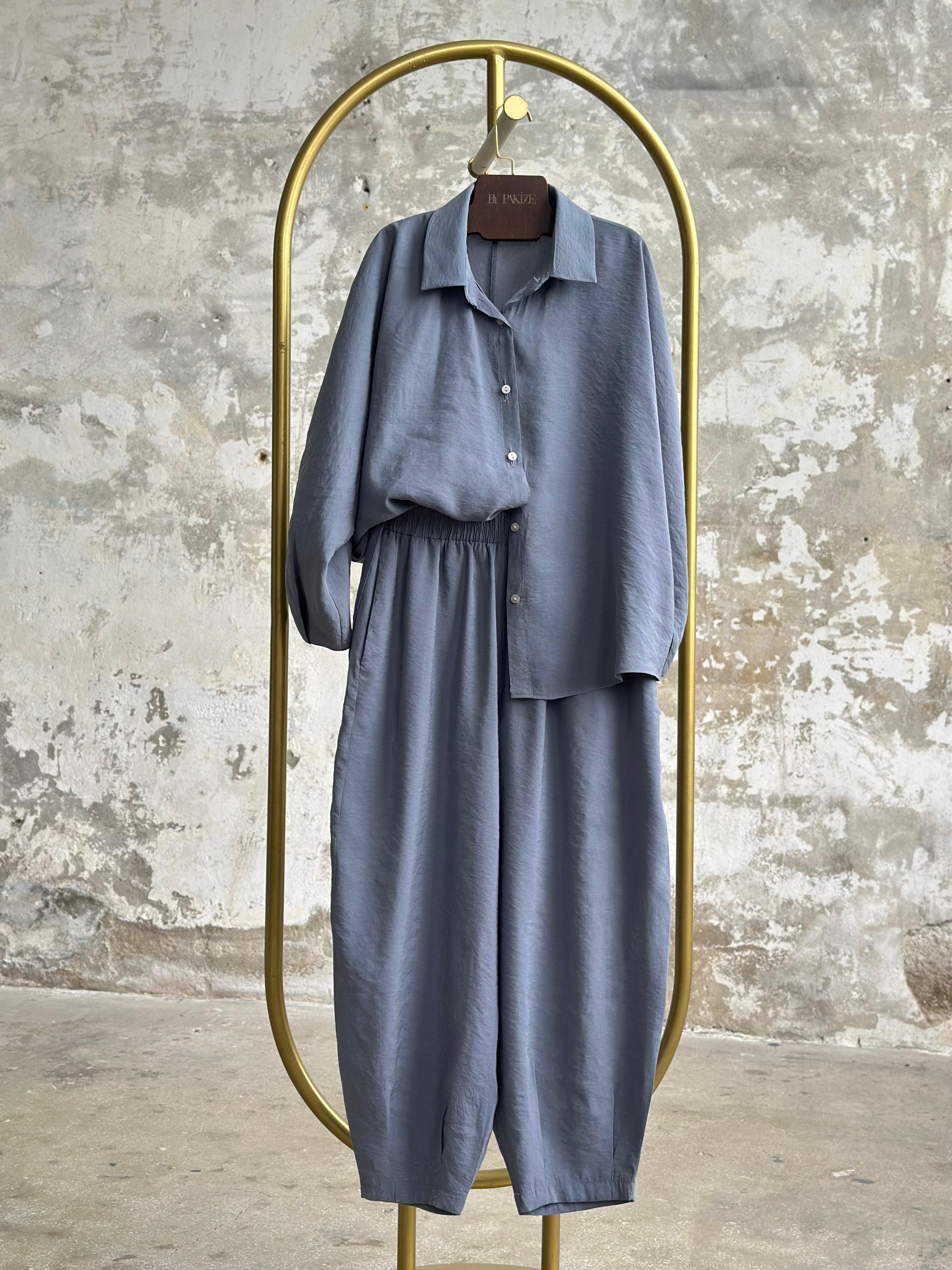 Tensel Kumaş Şalvar Model Takım (İndigo)