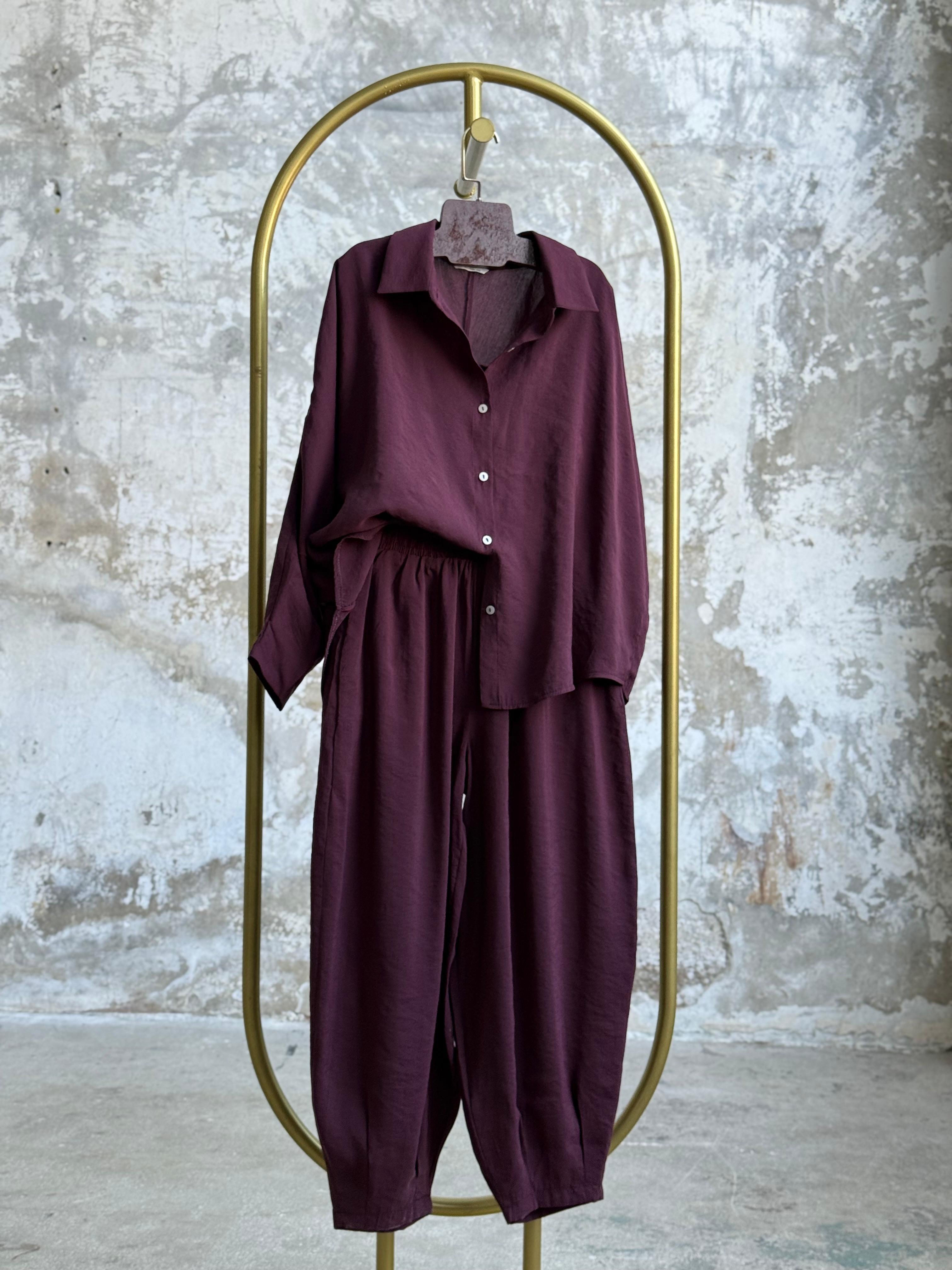 Tensel Kumaş Şalvar Model Takım (Mürdüm)