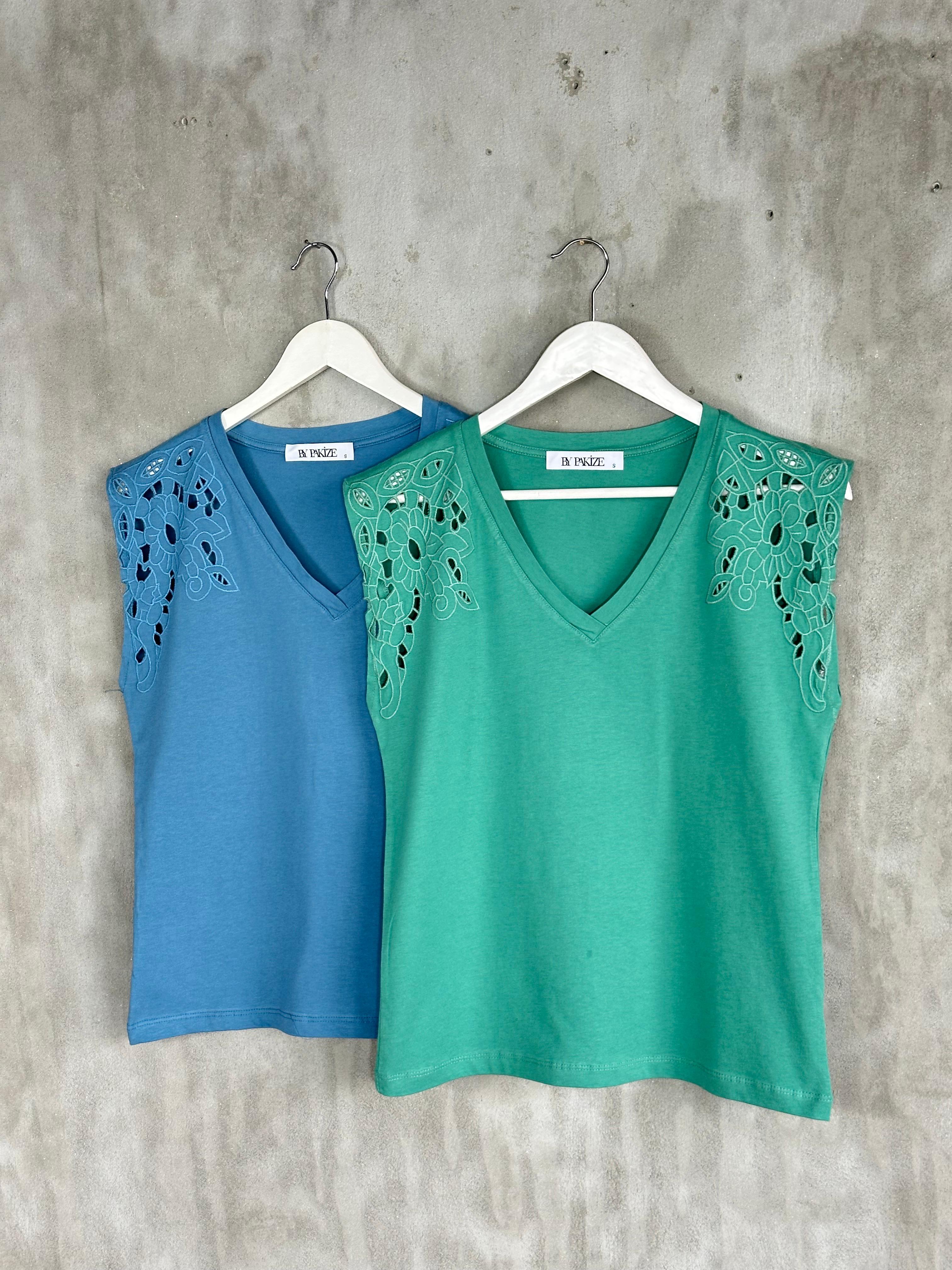 Tığ İşçilikli Lüks Kaliteli Tişört (İndigo/Turkuaz)