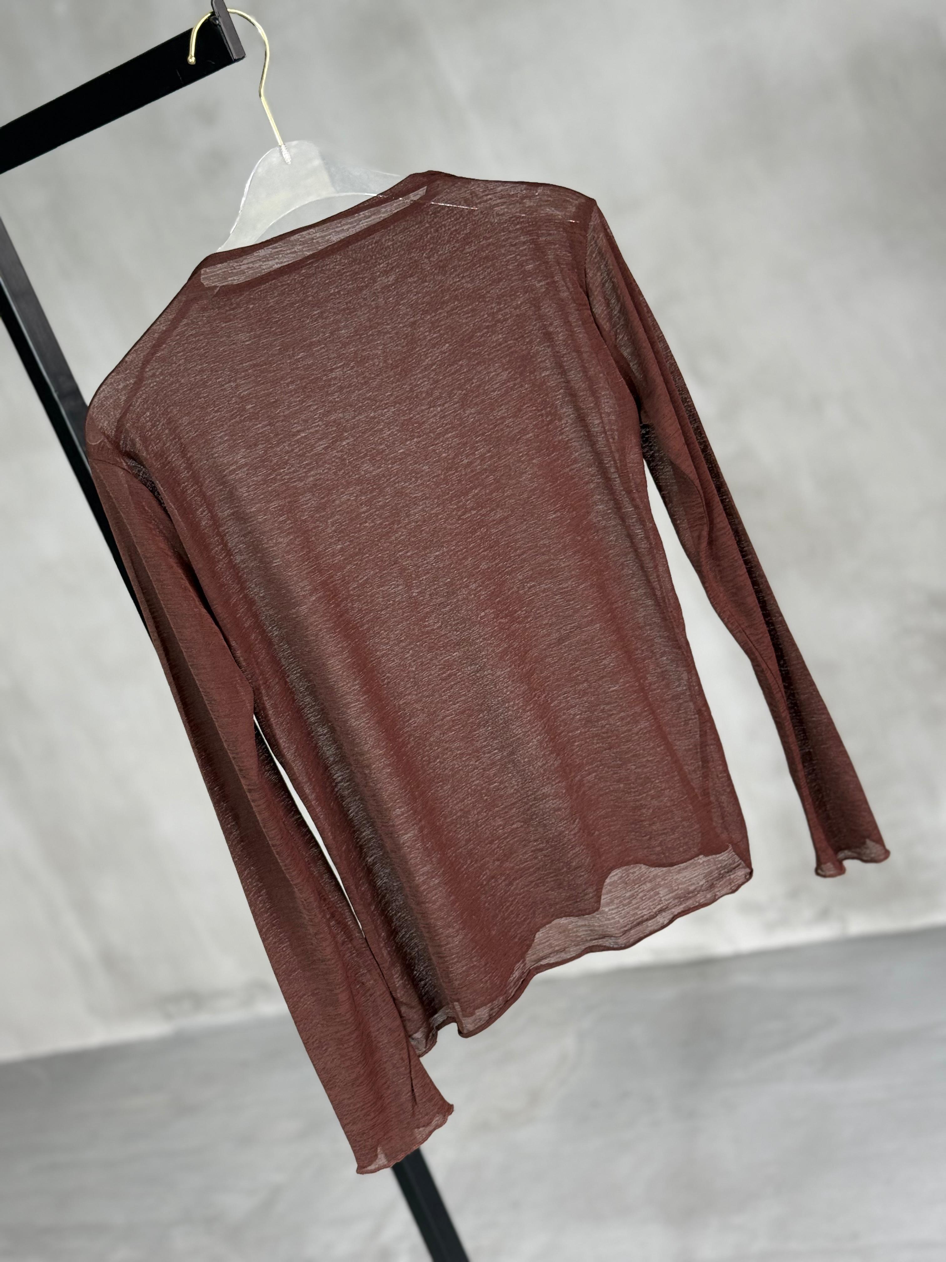 Transparan Dik Yaka Trend Bluz (Kahve)