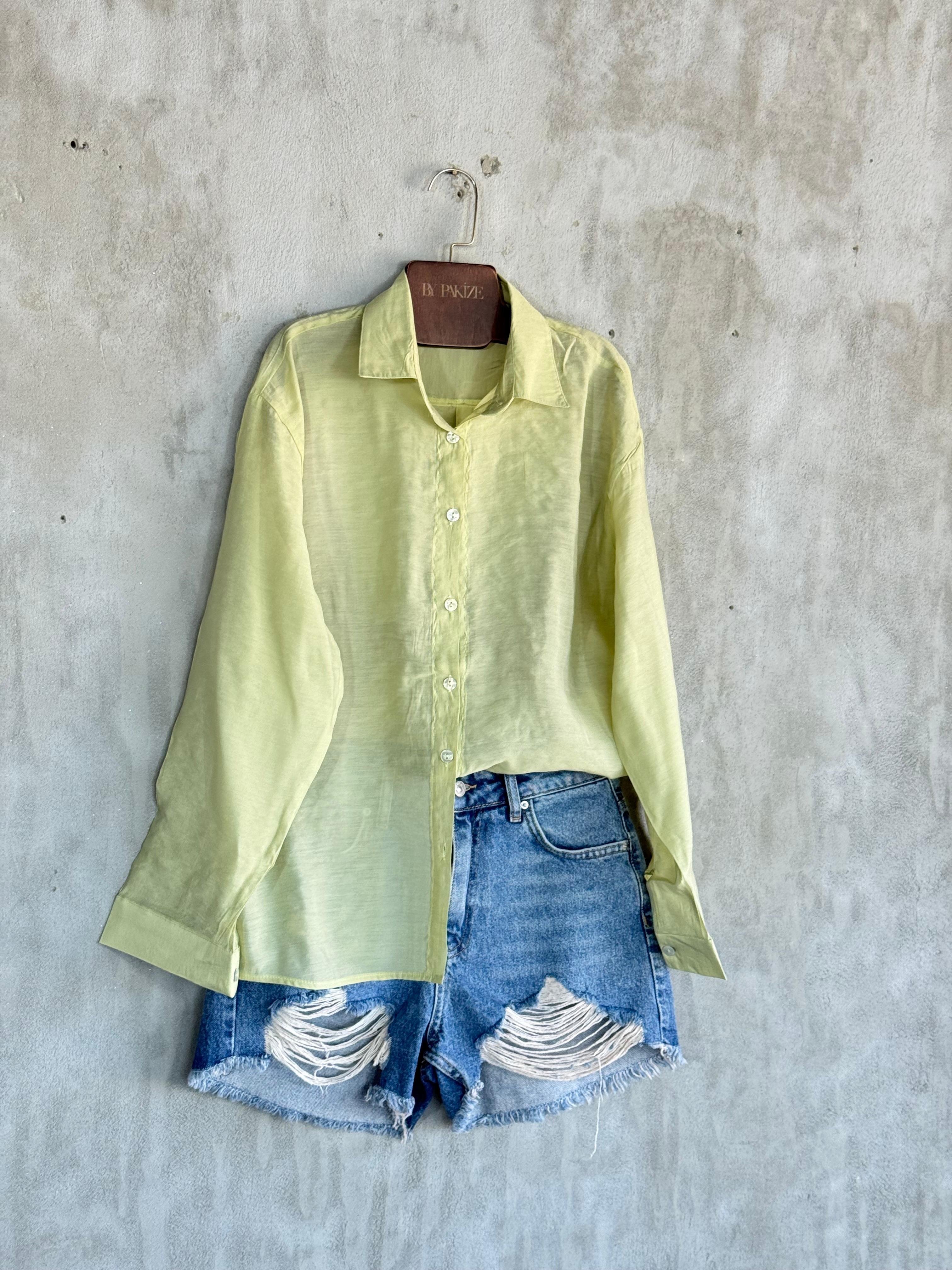 Transparan Keten Kumaş Oversize Gömlek (Haki)