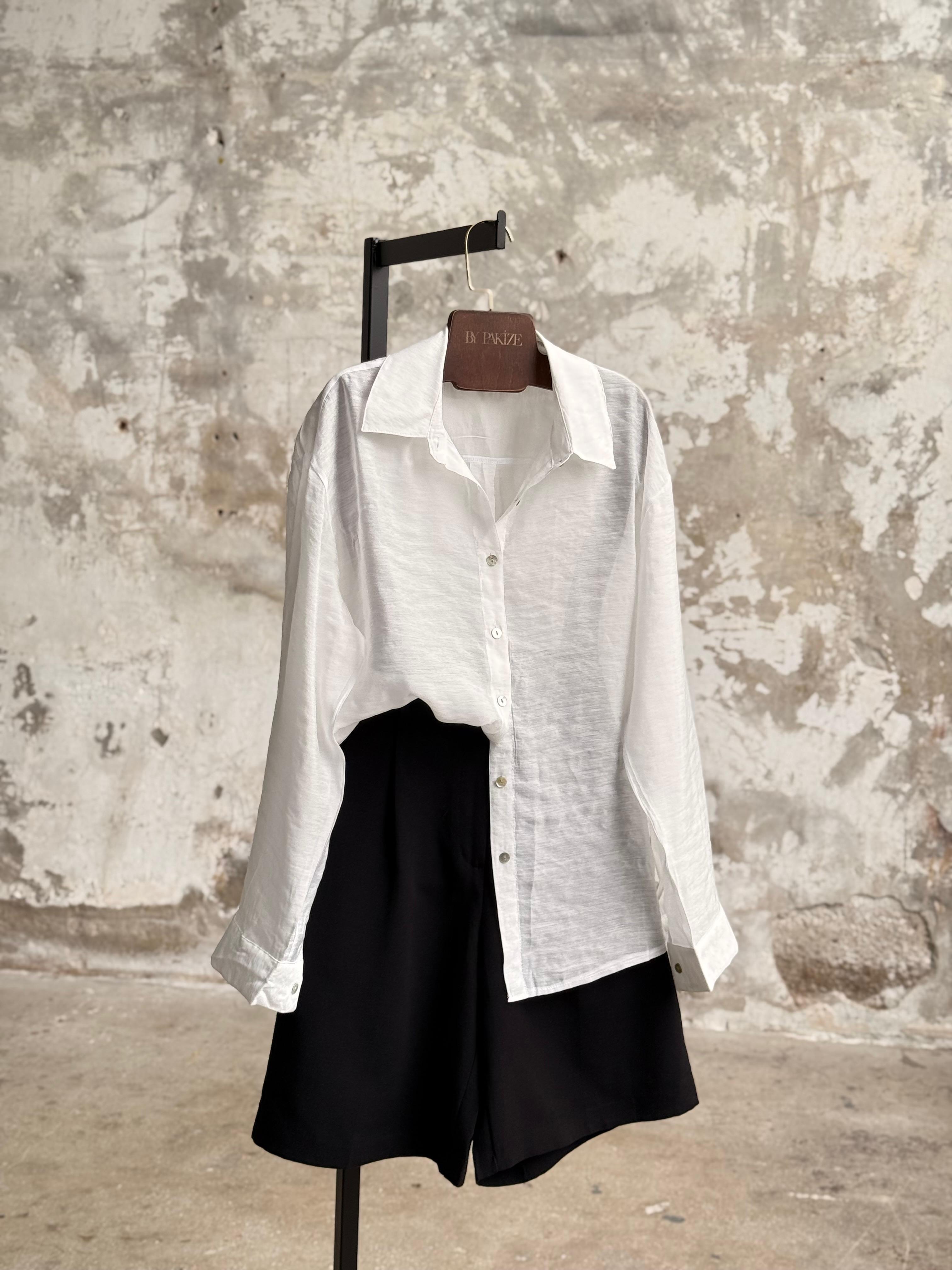 Transparan Keten Kumaş Oversize Gömlek (Beyaz)