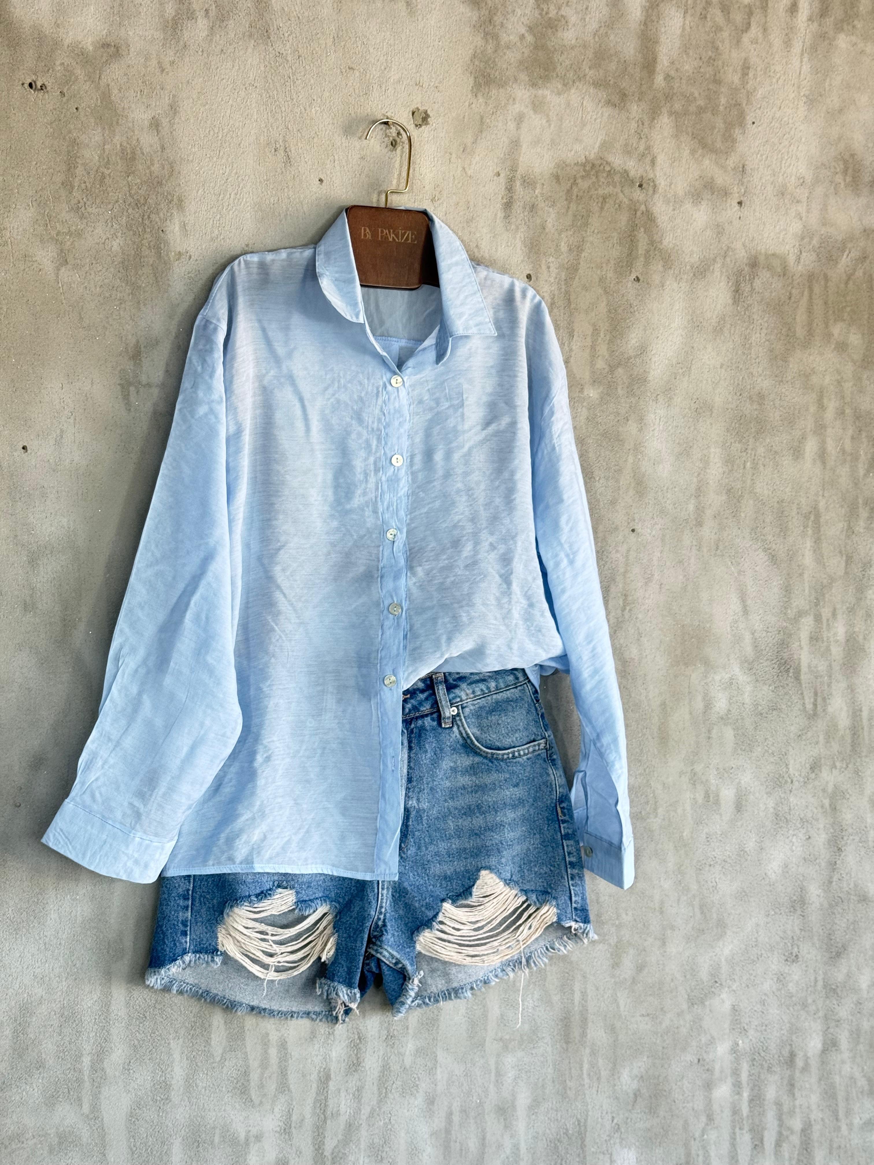Transparan Keten Kumaş Oversize Gömlek (Bebe Mavisi)