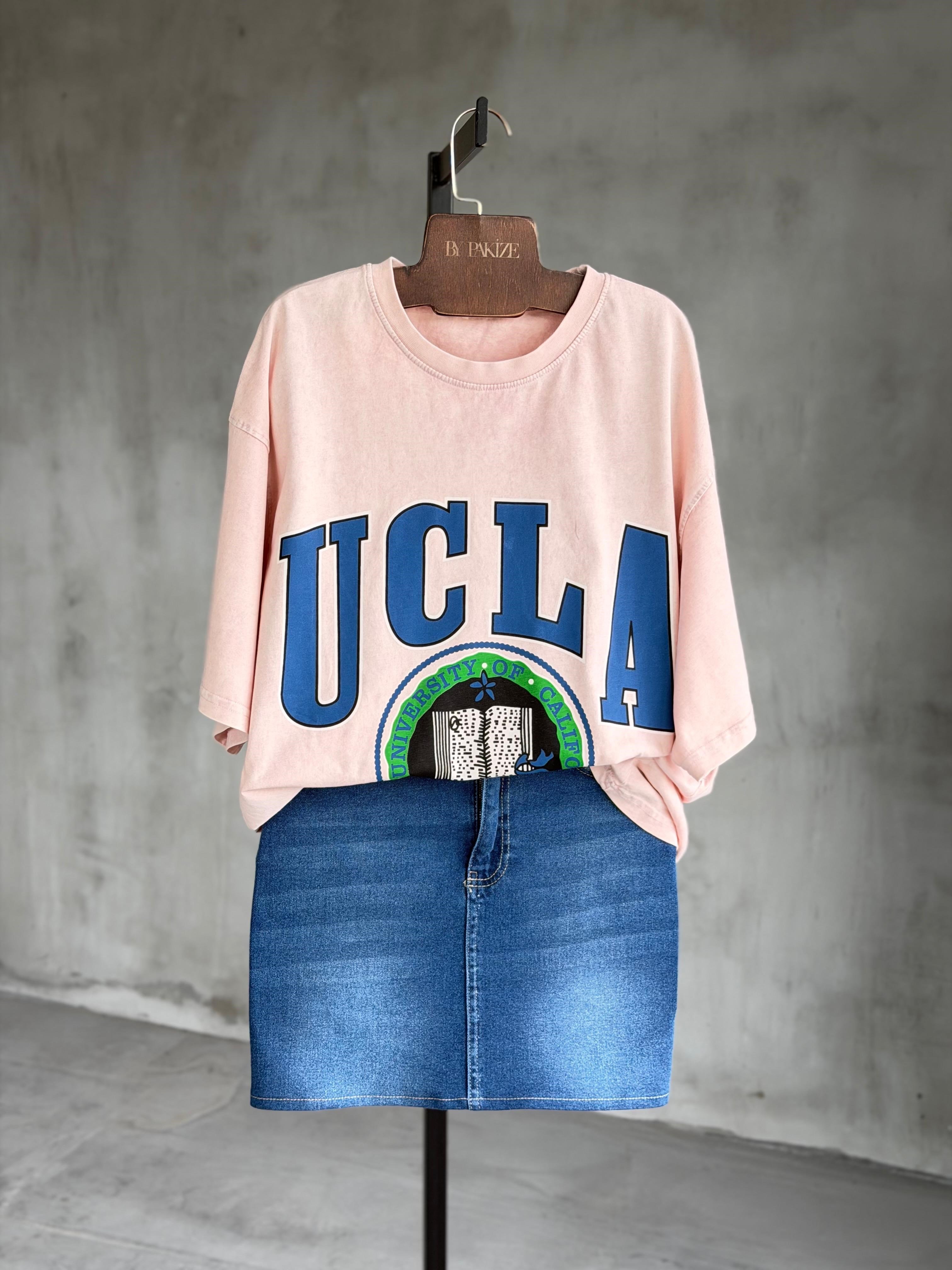 Ucla Yazılı  Kedi Baskılı Oversize Dokuma Tişört (Pudra)