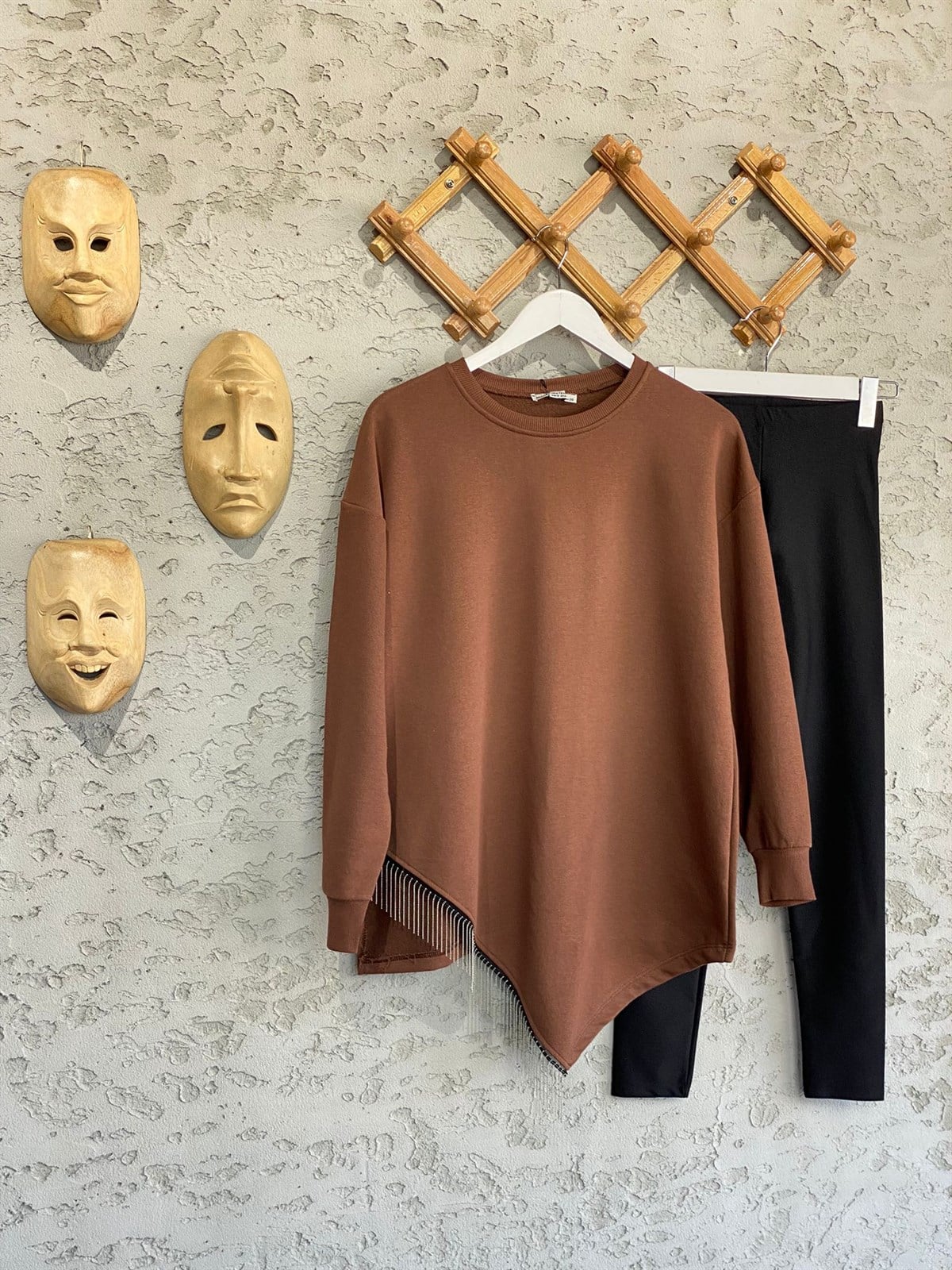 Ucu Zincir Detaylı Tunik Sweat (Kahve)