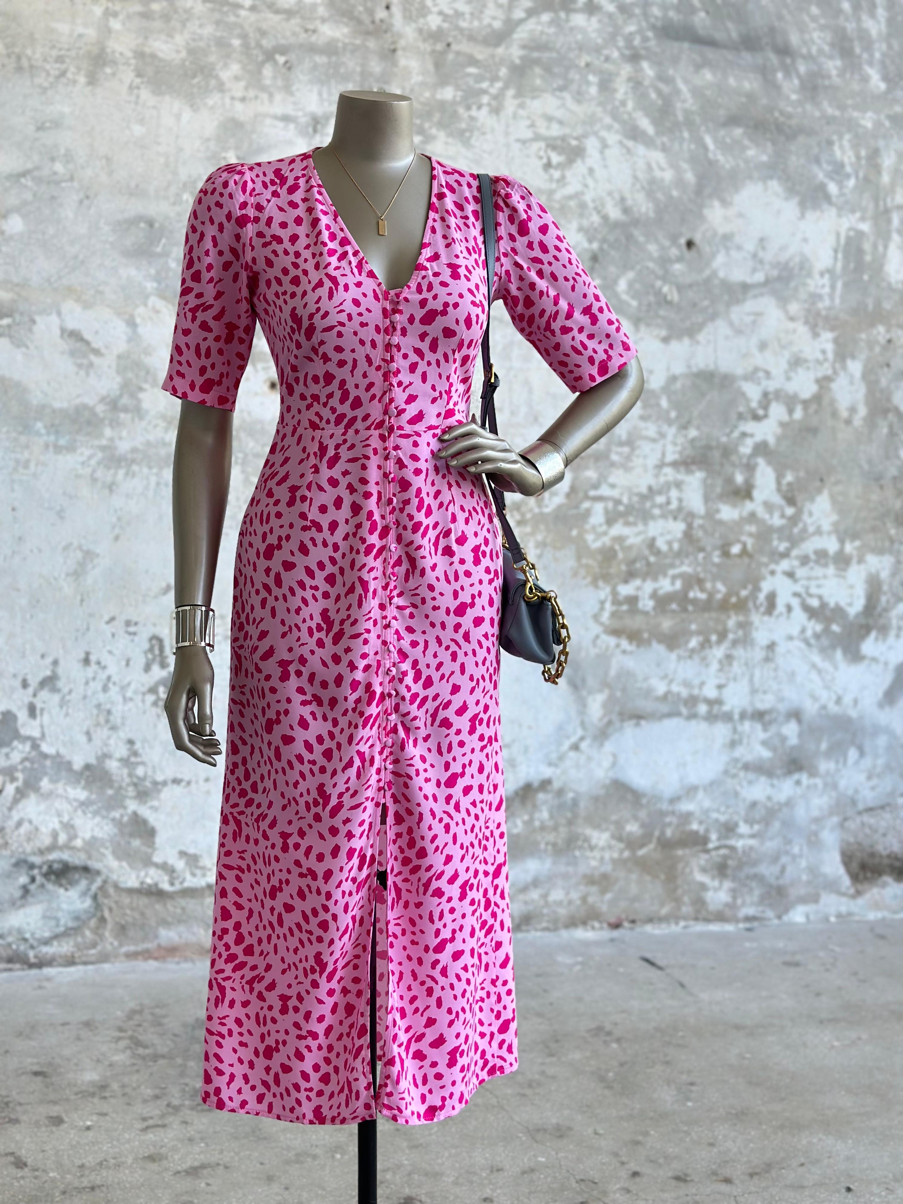 V Yaka Benek Desenli Elbise (Pembe)