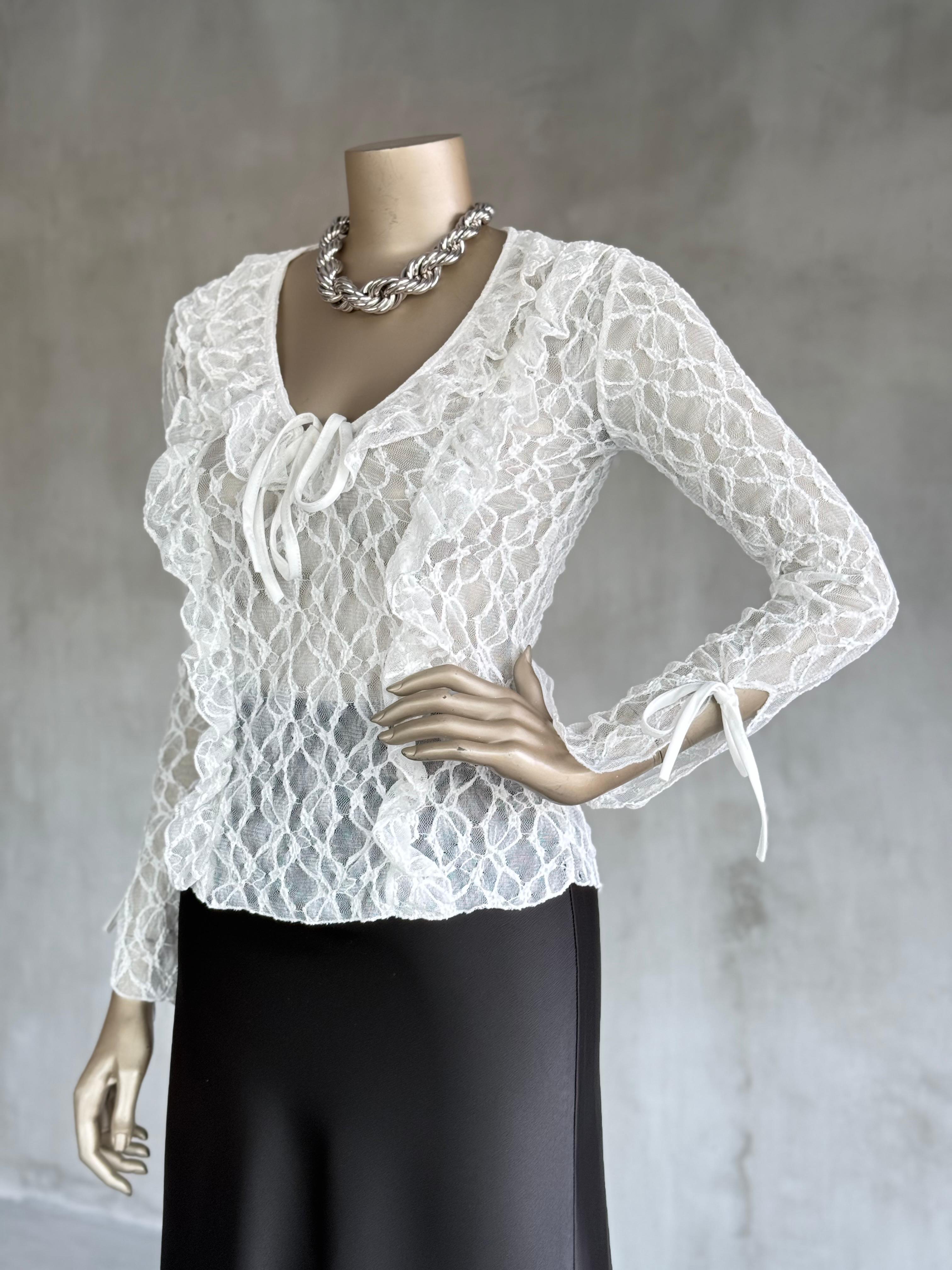 V Yaka Transparan Dantel Bluz (Beyaz)