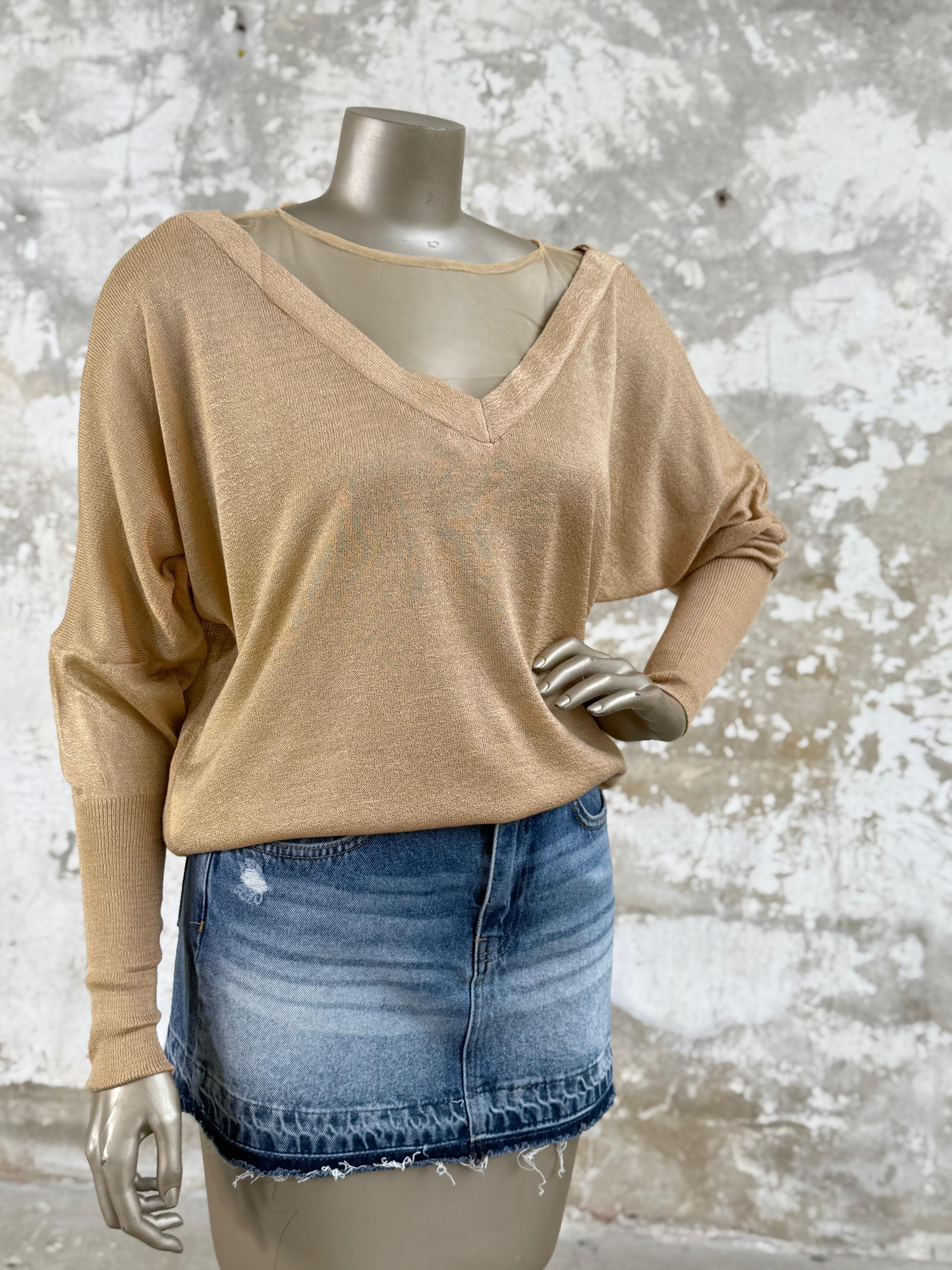 V Yaka Tül Geçişli Merserize Triko Örme Salaş Kazak (Camel)