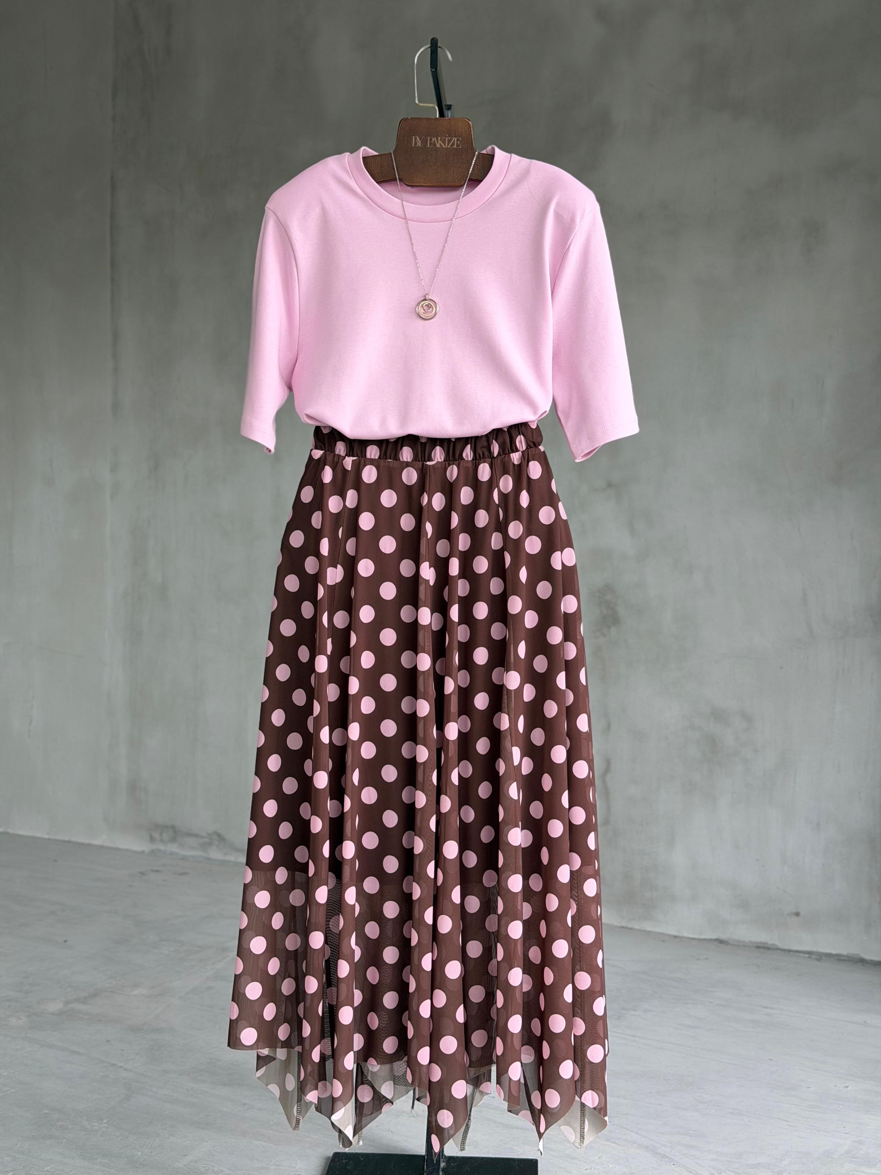 Vintage Asimetrik Tül Etek (Pembe-Kahve)