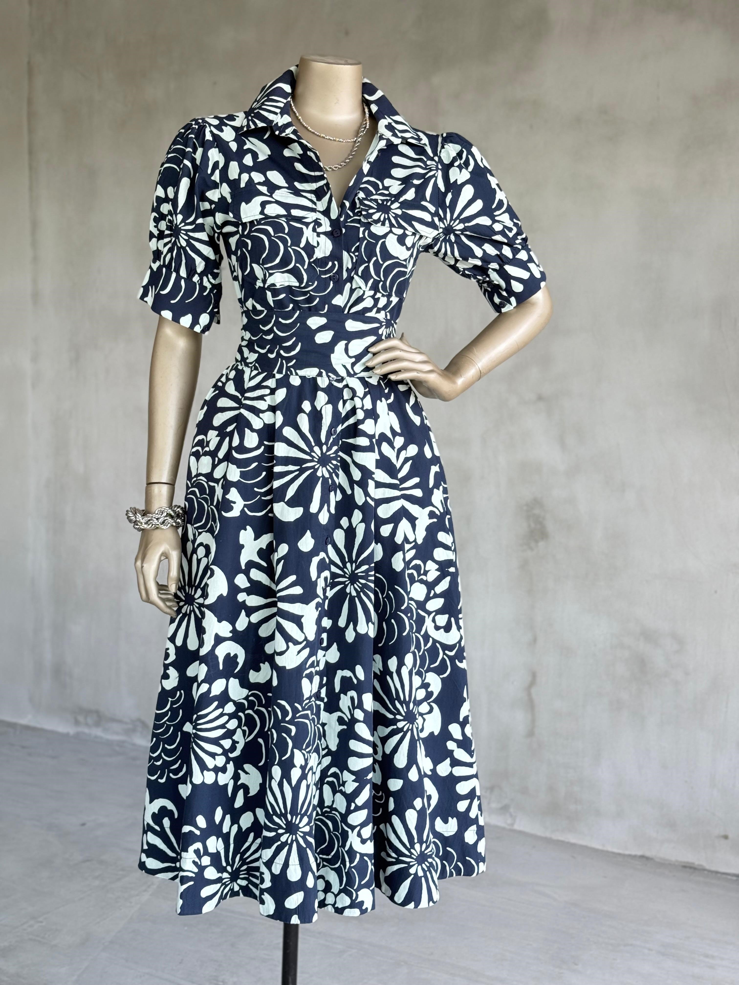 Vintage Balon Kol Gömlek Elbise (Lacivert)