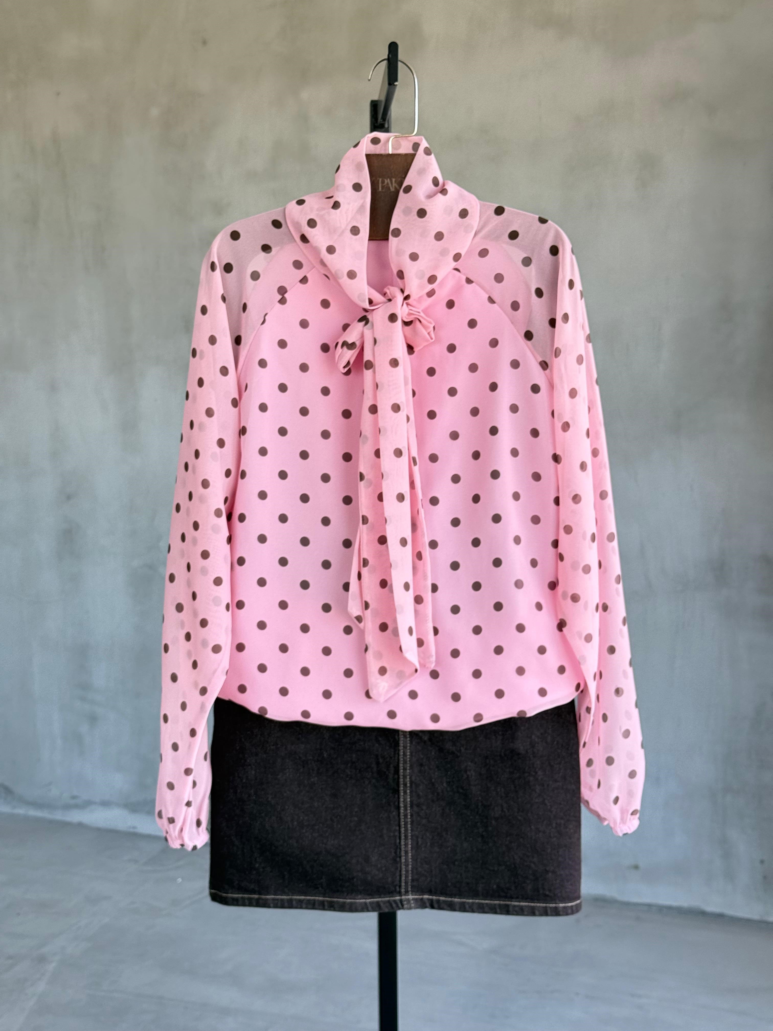 Vintage Boyun Bağlamalı Puantiyeli Gömlek (Pembe)