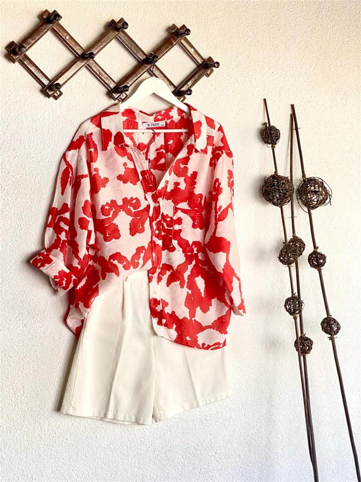 Viskon Kumaş Desenli Oversize Salaş Gömlek (Ekru)