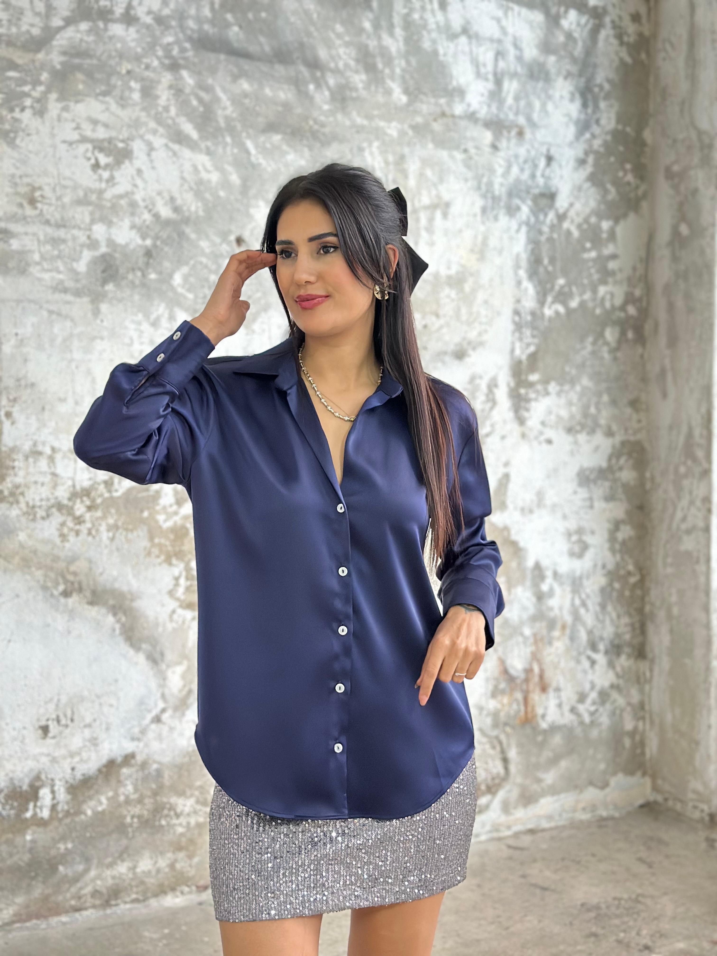 Yakalı Pamuk Saten Gömlek (Lacivert)