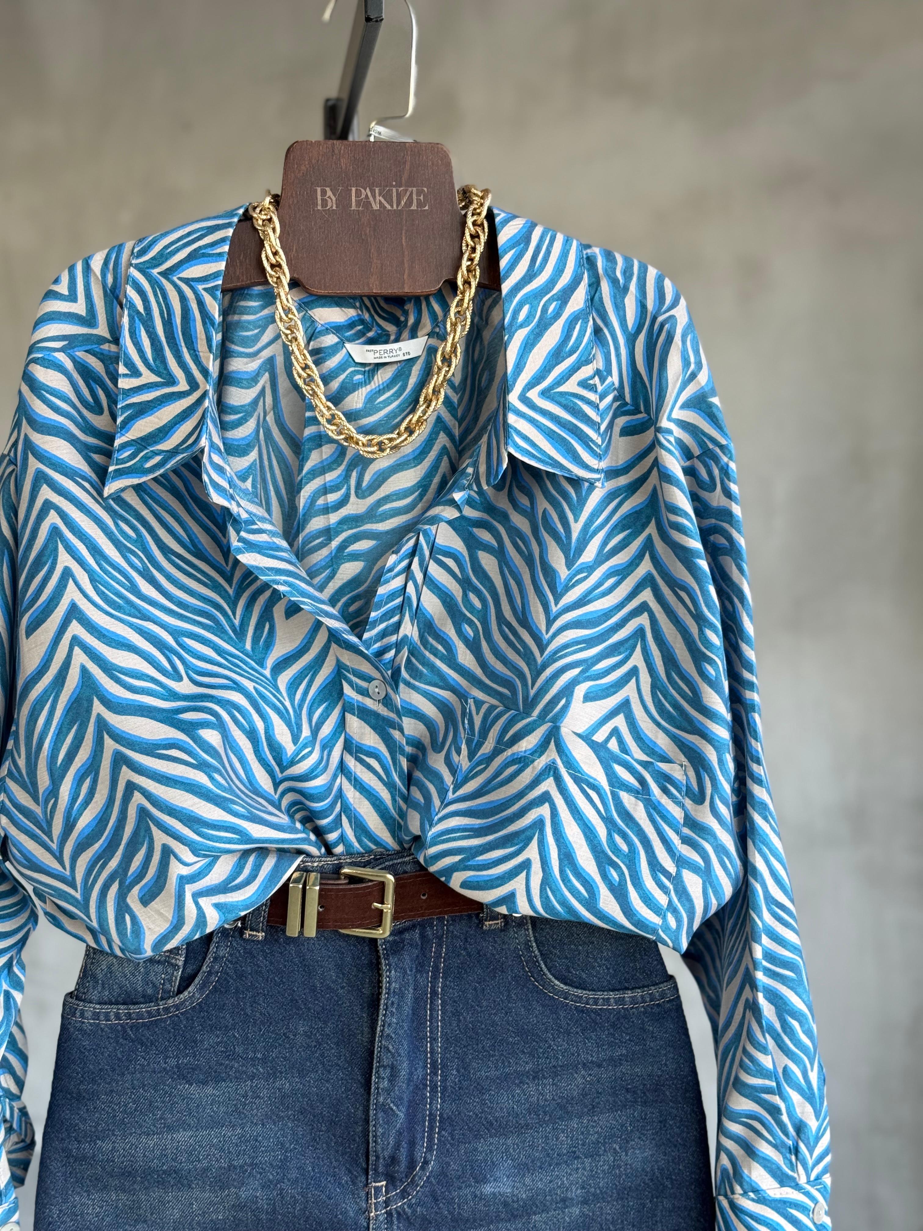 Yaprak Desenli Düşük Omuzlu Oversize Gömlek (İndigo)