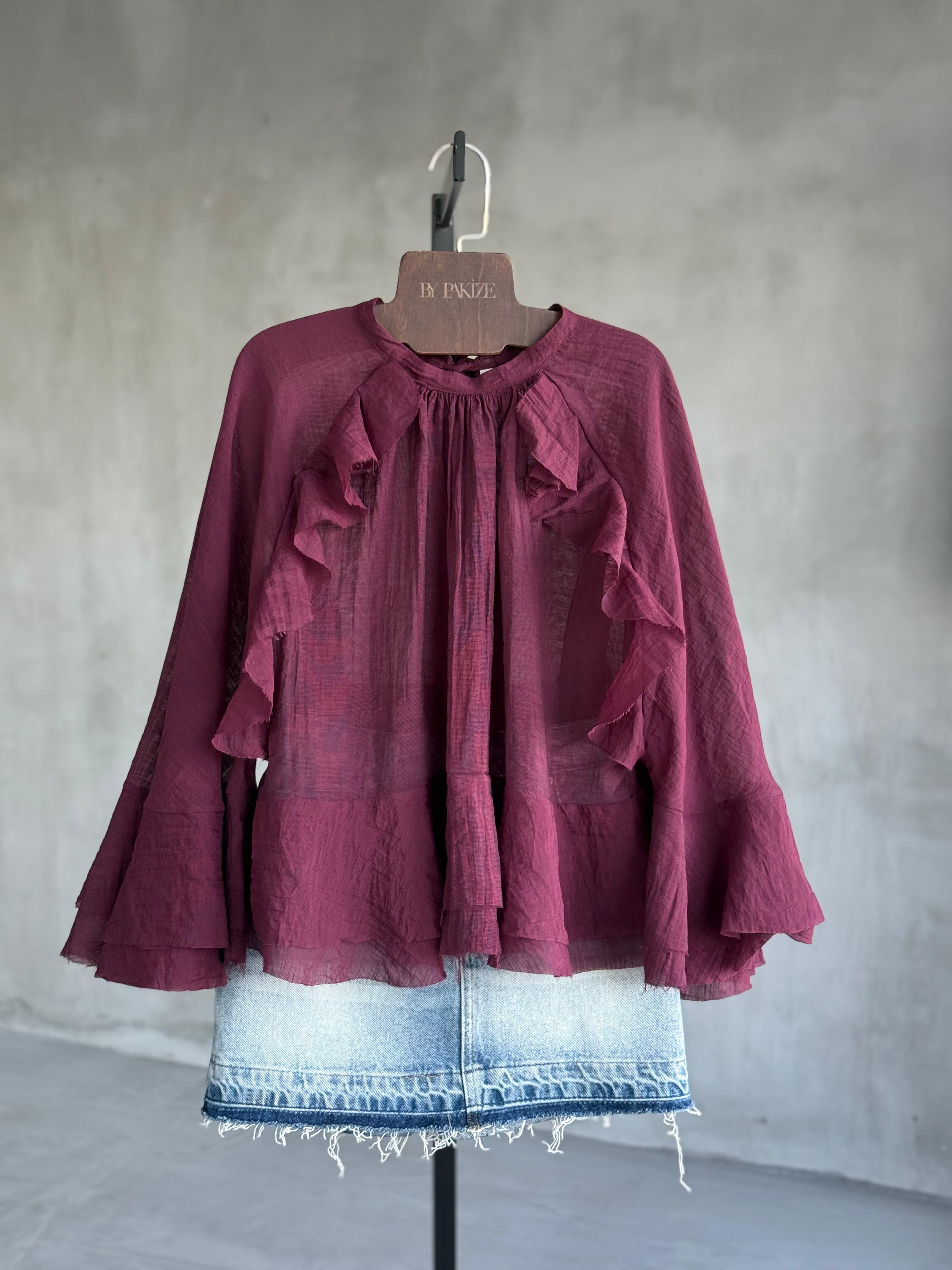 Yarasa Kol Detaylı Transparan Gömlek (Mürdüm)