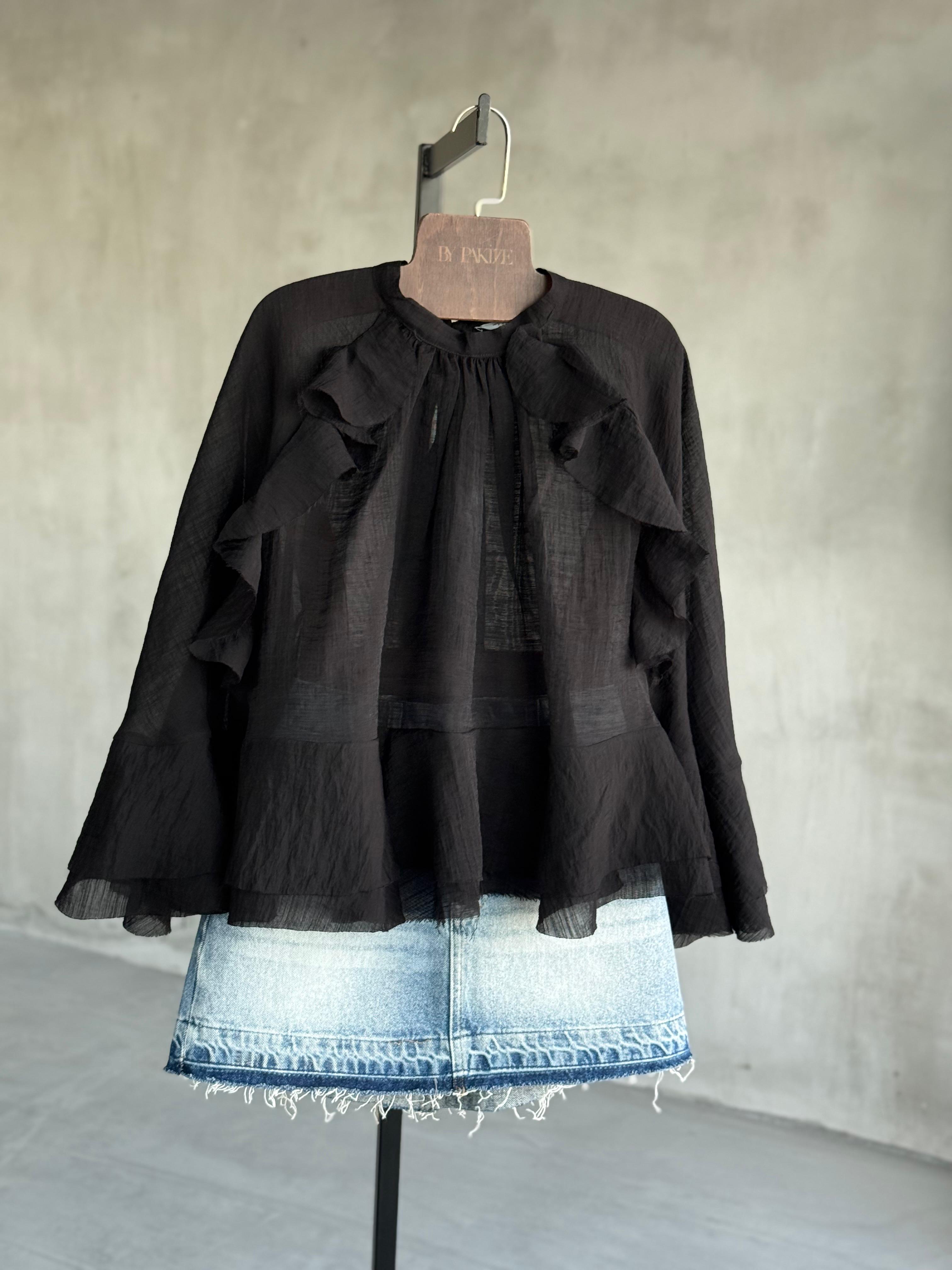 Yarasa Kol Detaylı Transparan Gömlek (Siyah)