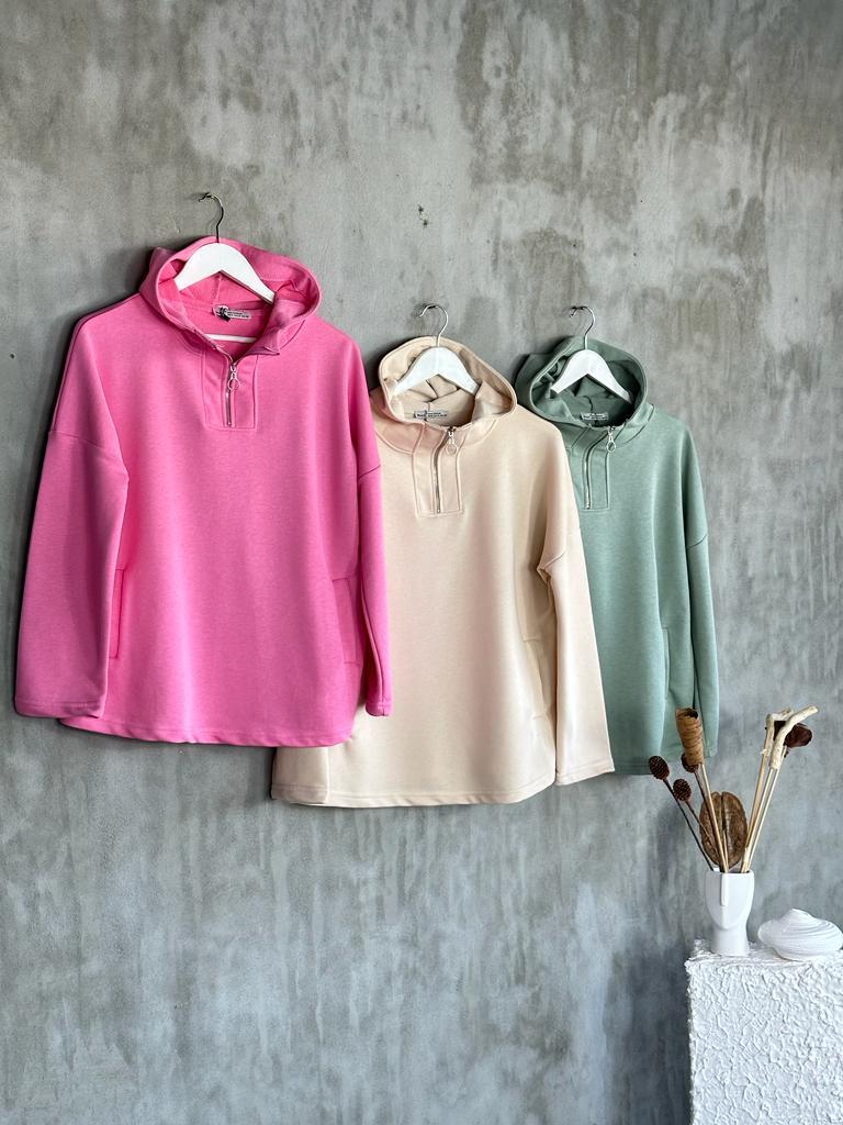 Yar m Fermuarl Kap onlu Sweat Pembe