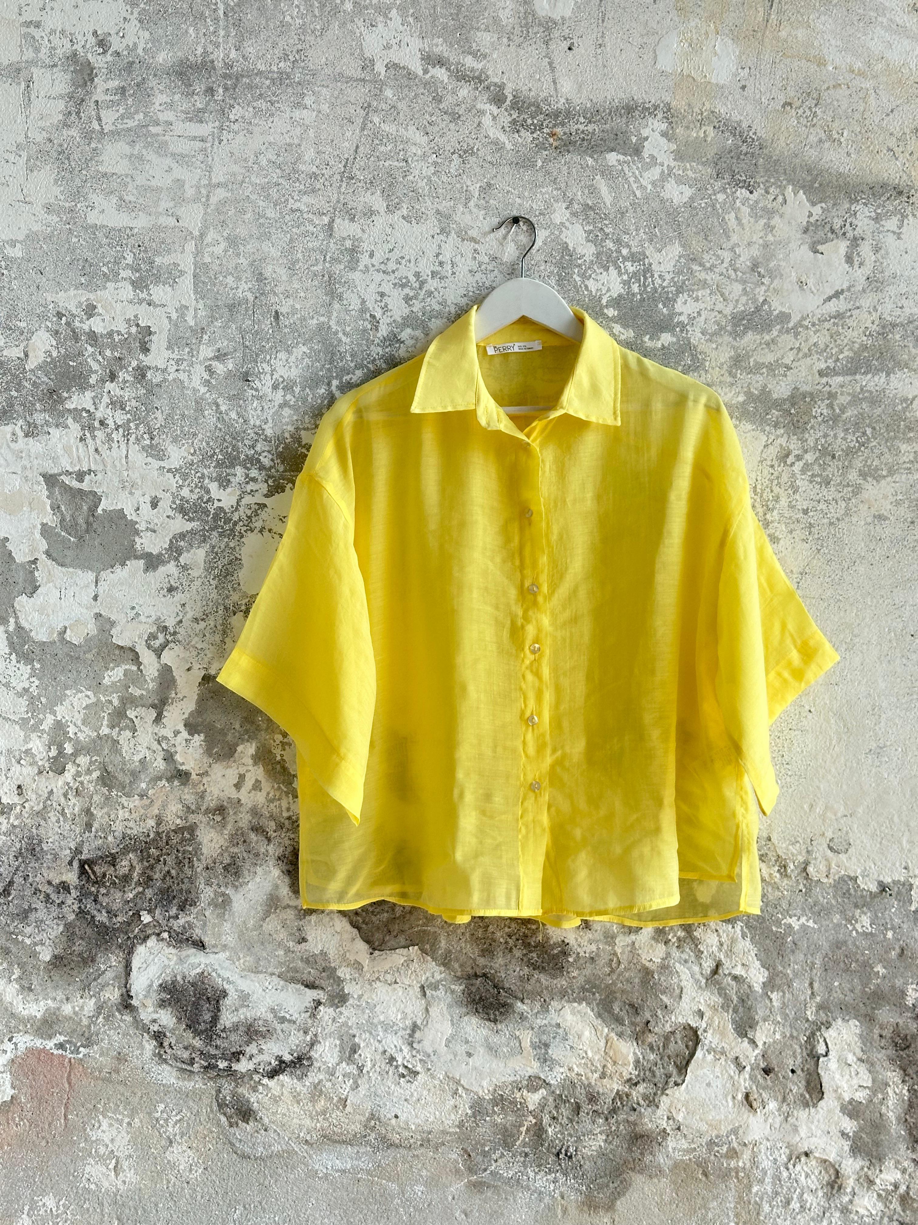 Yarım Kol İpeksi Dokulu Gömlek (Limon Sarısı)