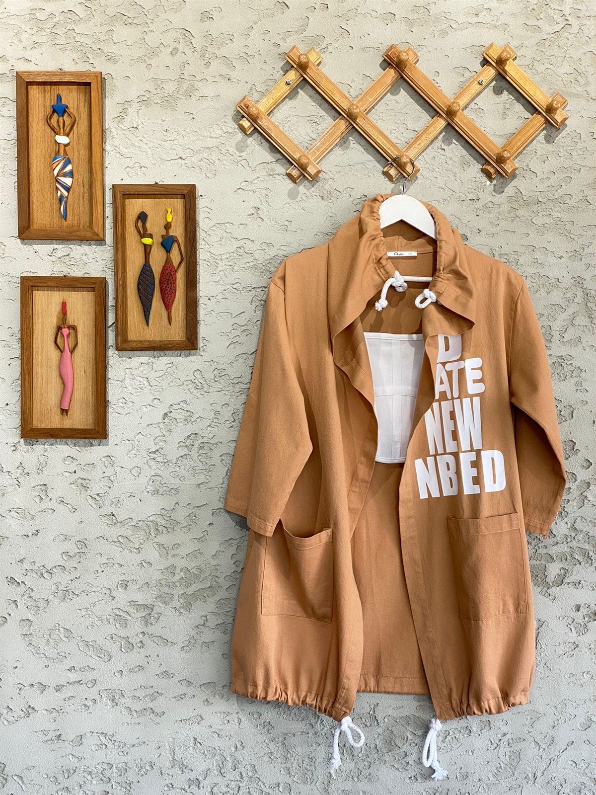 Yazı Baskılı Gabardin Ceket (Camel)