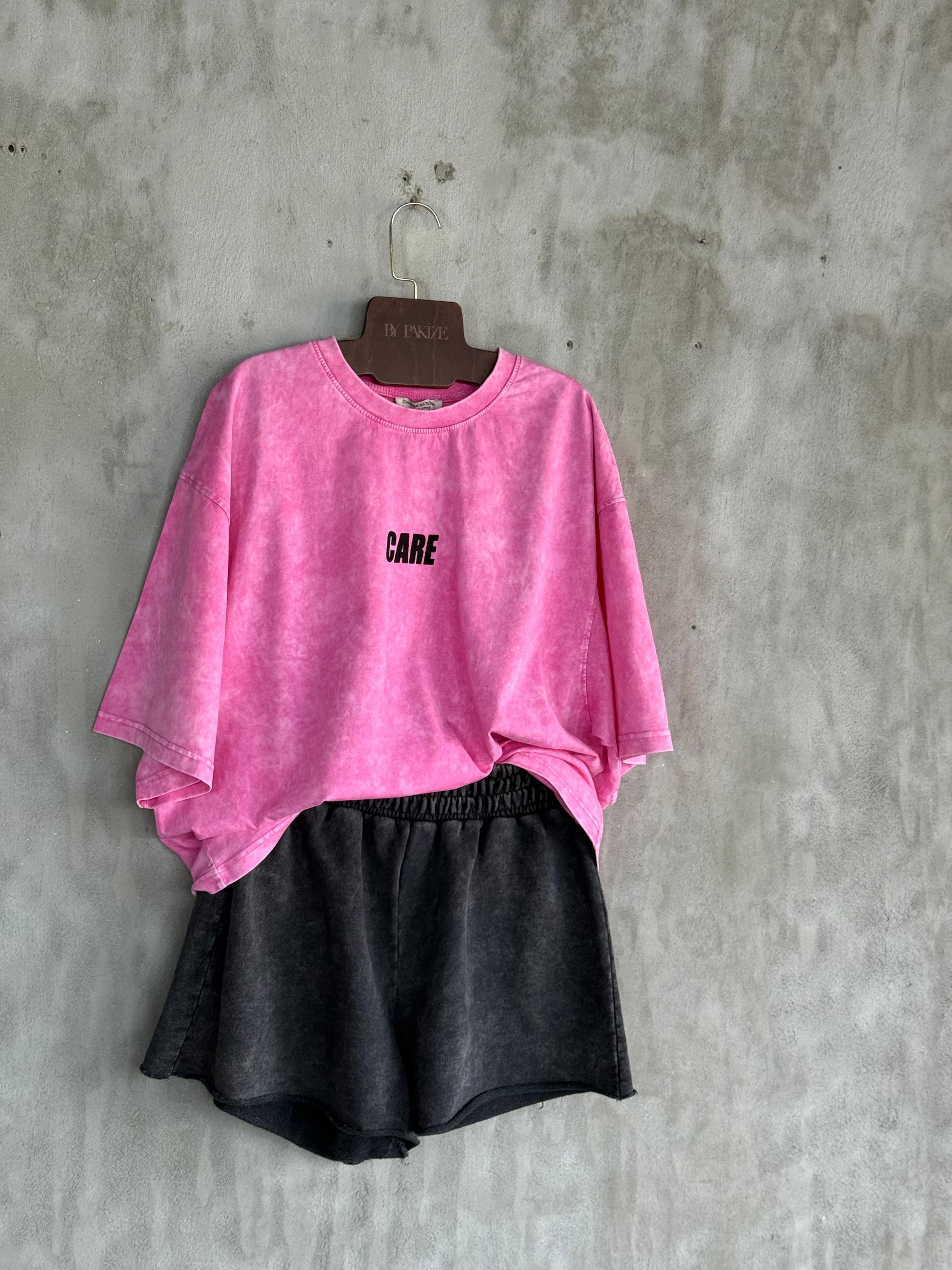 Yazı Baskılı Taş Yıkamalı Oversize Dokuma Tişört (Pembe)