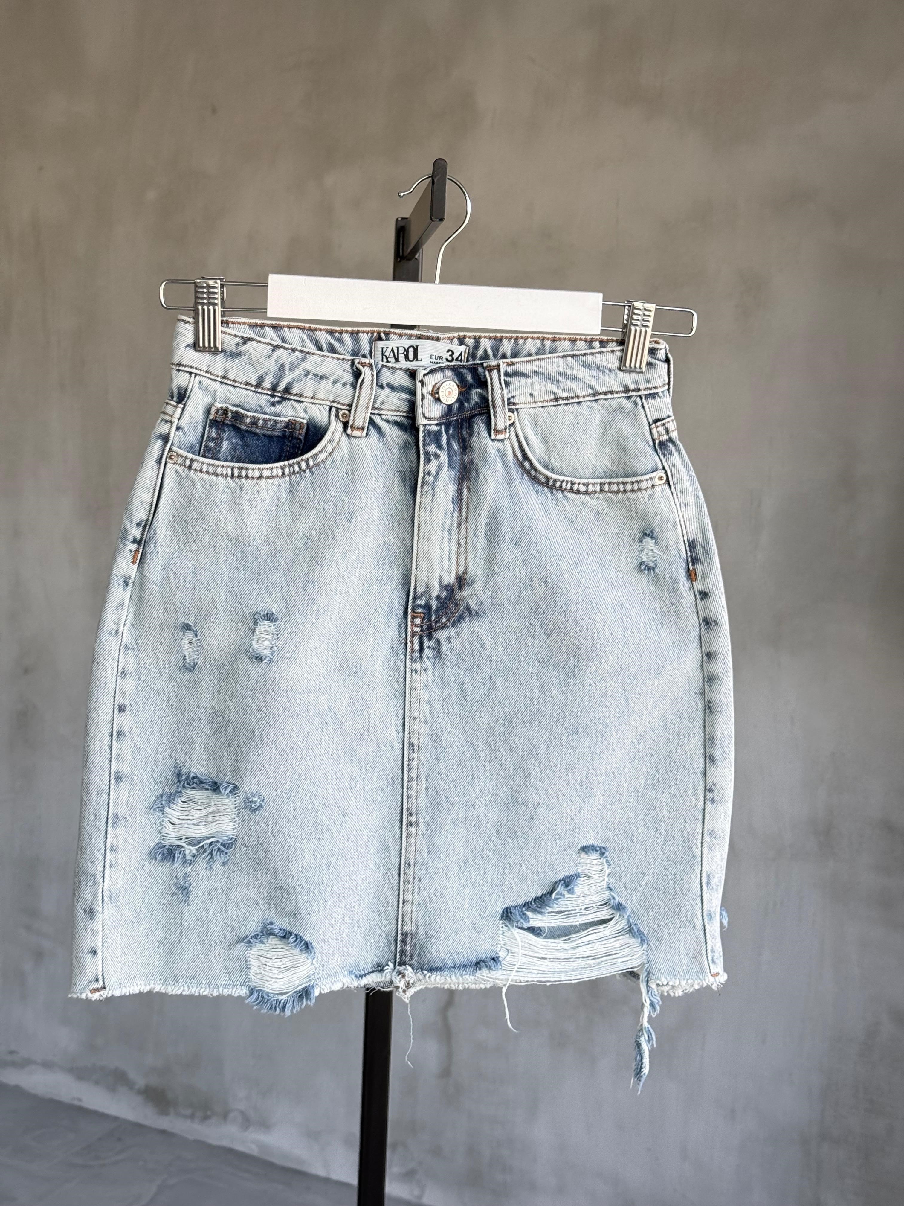 Yıkamalı Yırtık Detay Denim Etek (Buz Mavisi)