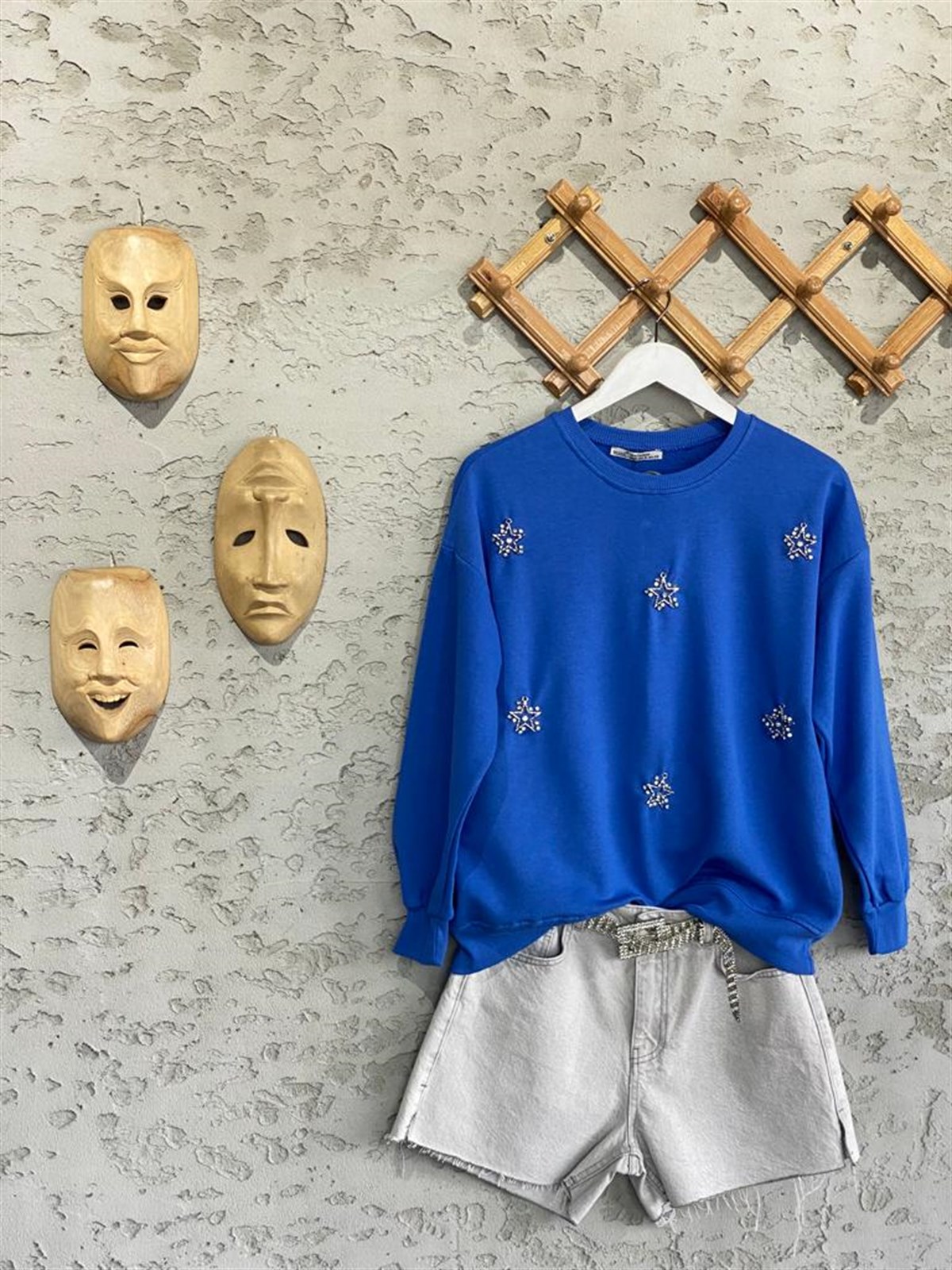 Yıldız Model Kristal Taşlı Sweat (Saks Mavi)