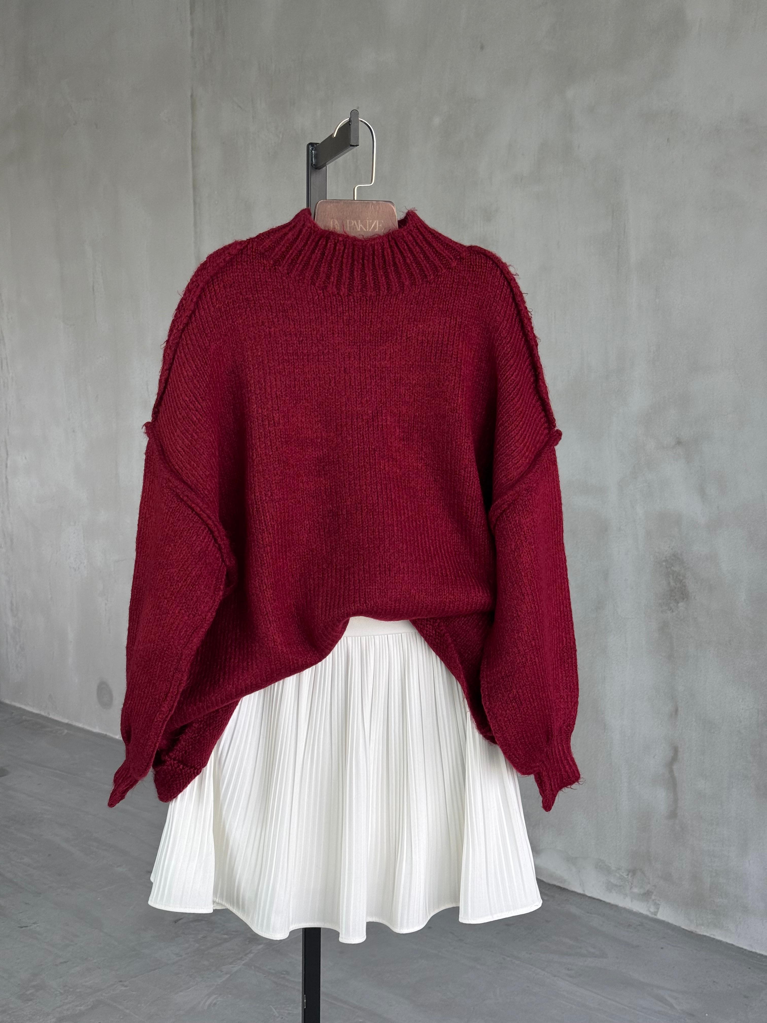 Yumoş Dış Dikişli Oversize Kazak (Bordo)