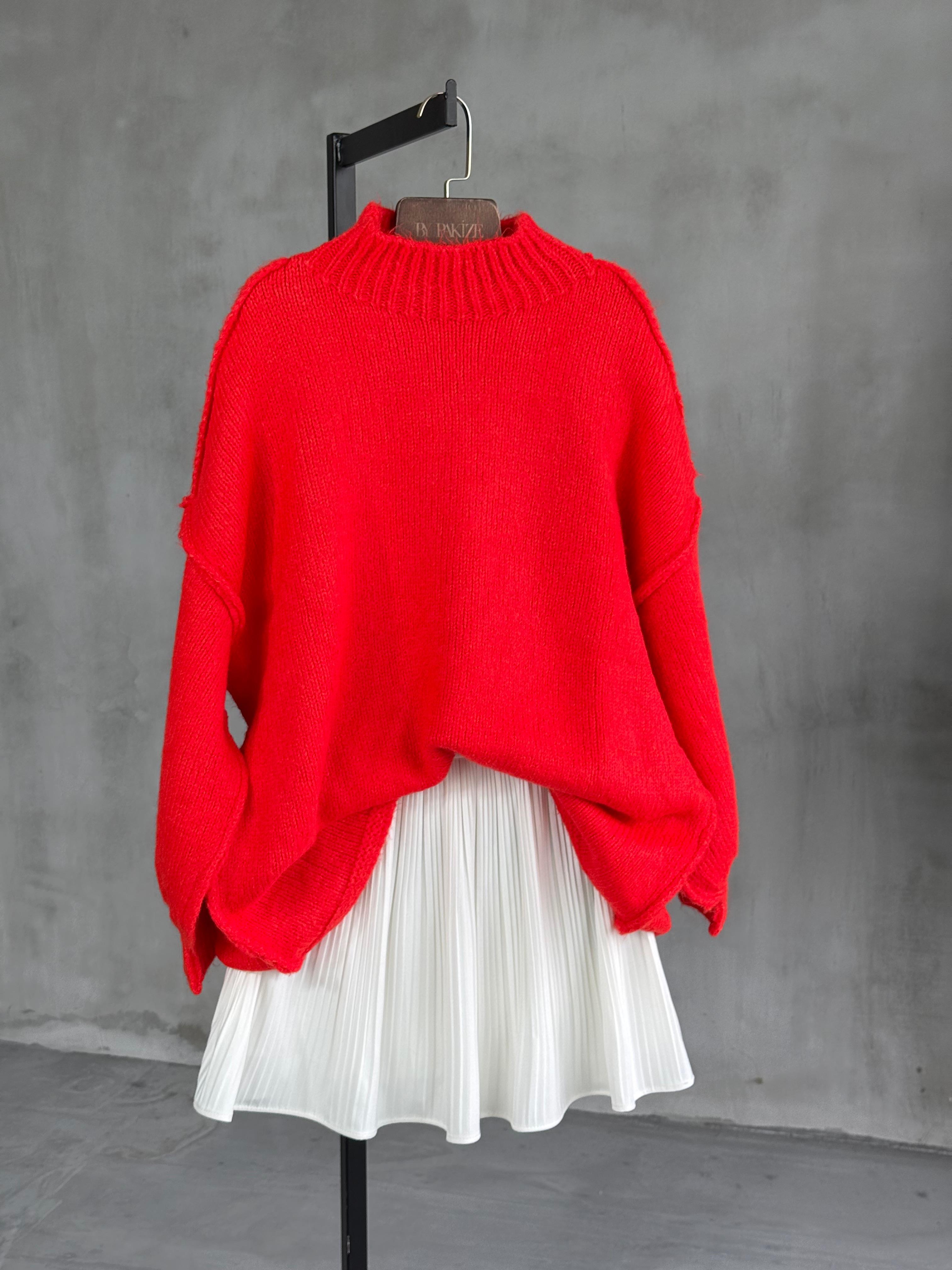 Yumoş Dış Dikişli Oversize Kazak (Nar Çiçeği)