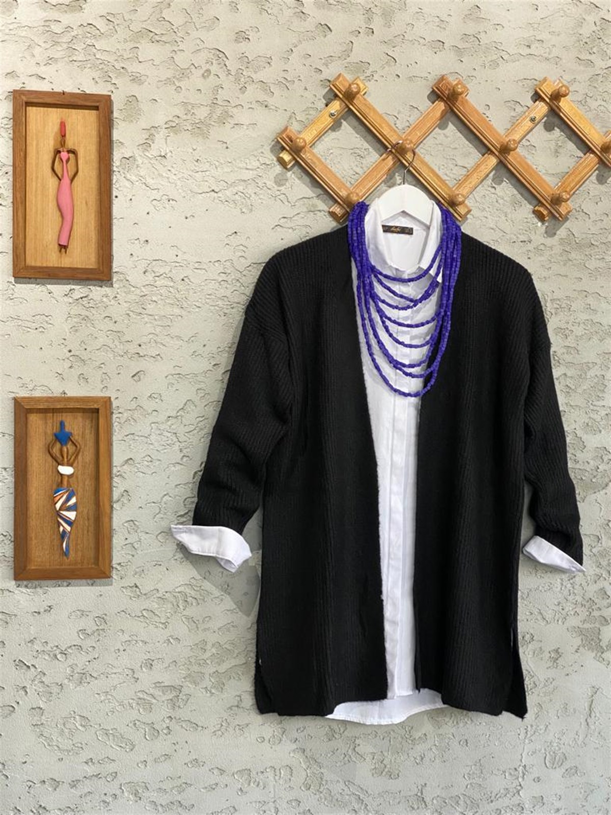 Yumoş Örgü Doku Uzun Tunik Hırka (Siyah)