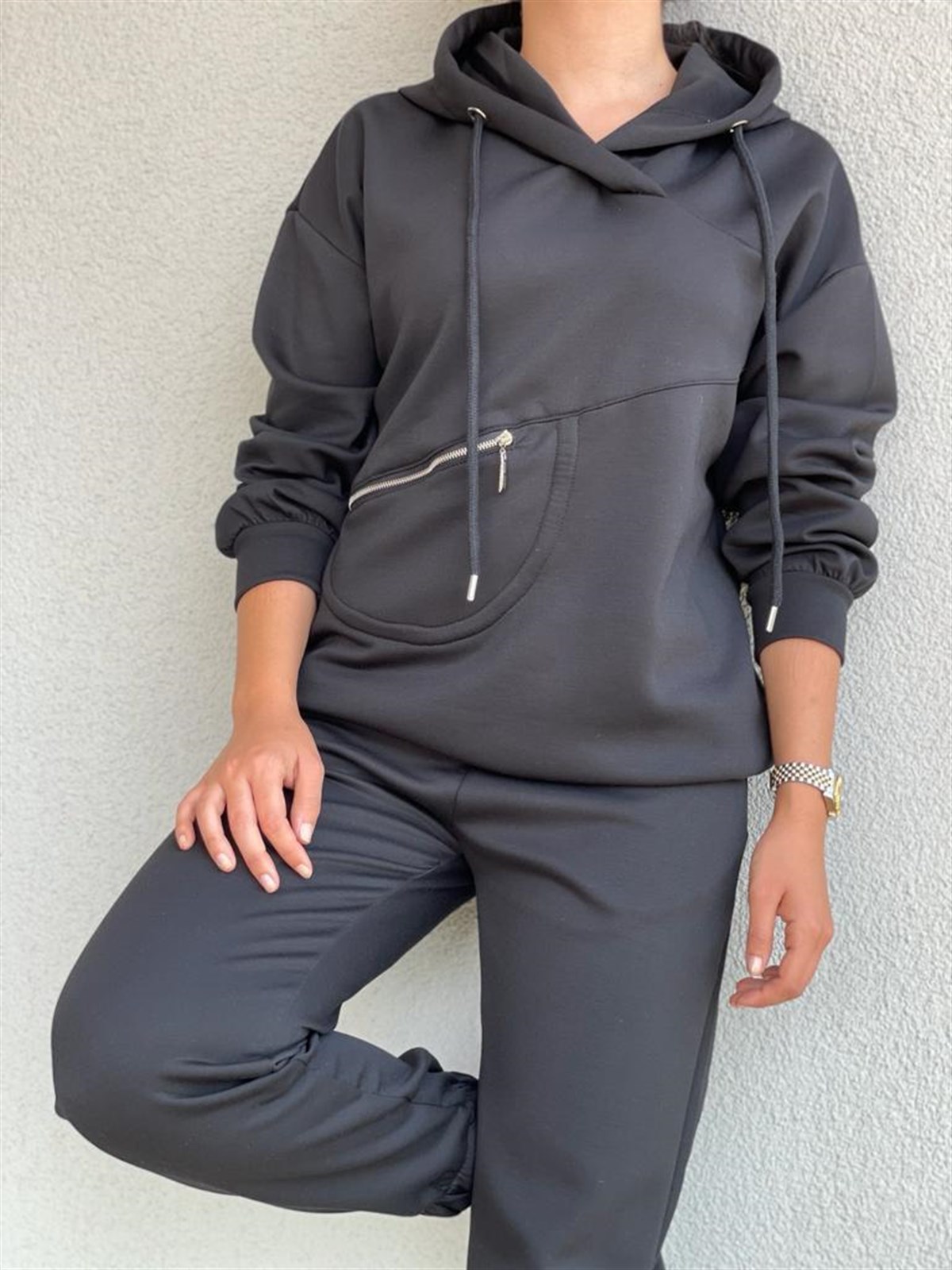Yumuşak Doku Fermuar Detaylı Sweat (Siyah)