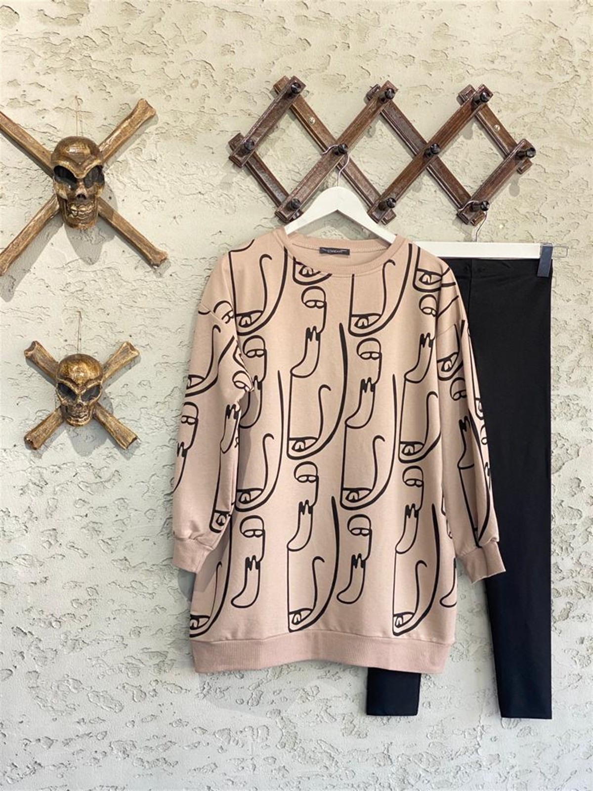 Yüz Baskılı Tunik Sweat (Vizon)