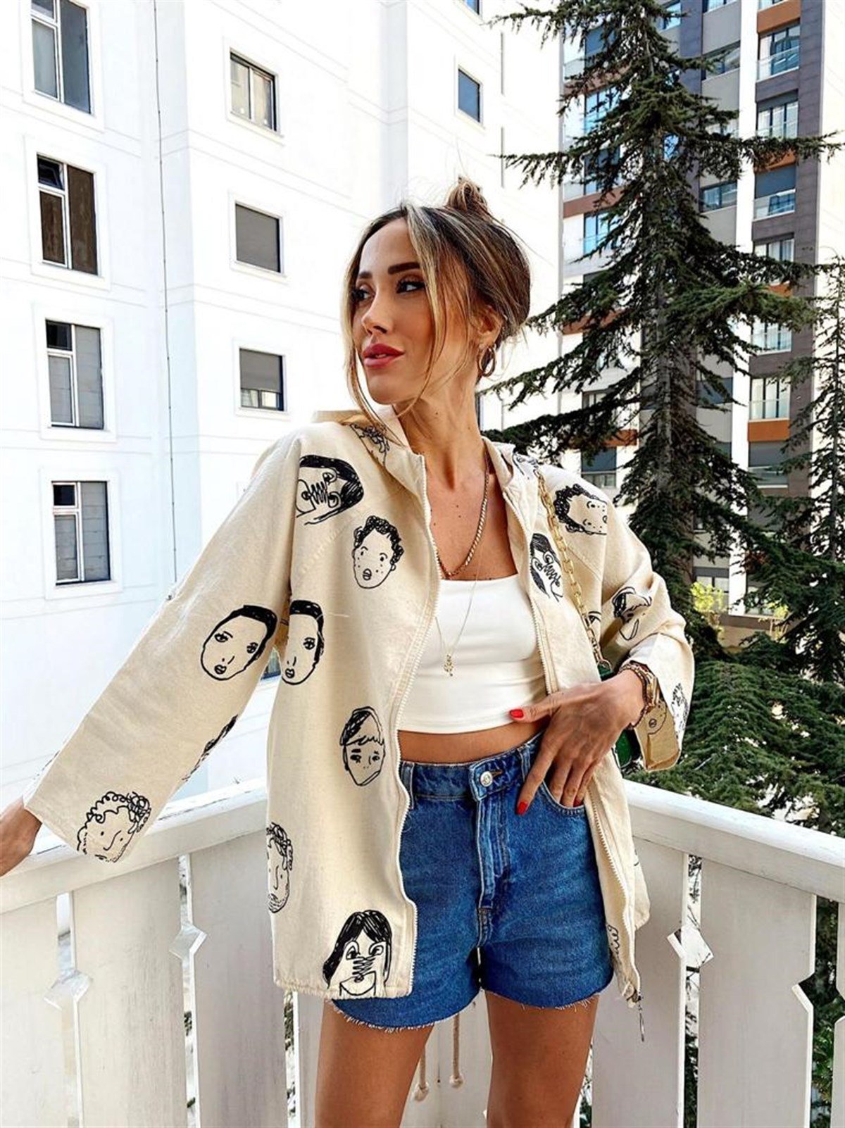 Yüz Figürlü Natural Kumaş Lüx Pamuk Kumaş Tasarım Ceket