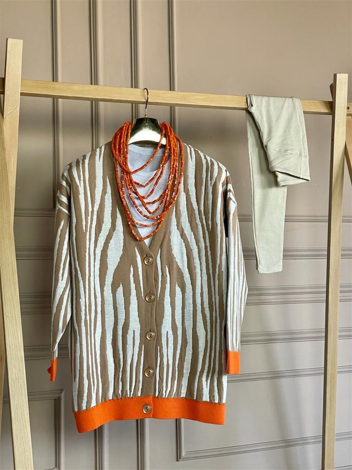 Zebra Desen Oversize Hırka (Camel)