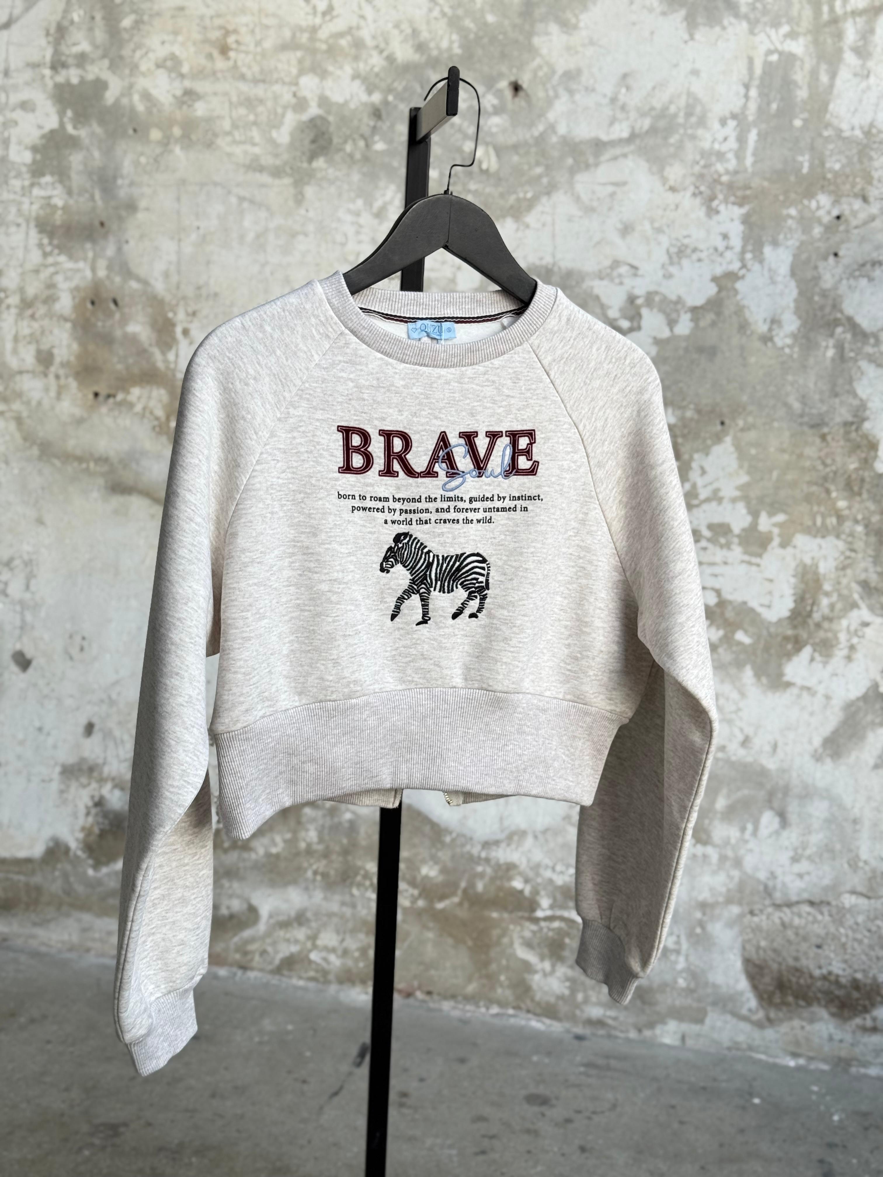 Zebra Nakışlı Sırtı Fermuarlı Sweatshirt (Bej)
