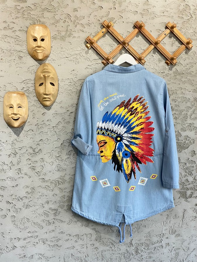 Sırtı Kızılderili Baskılı Çıtçıtlı Ceket (Buz Mavi) 299,99 ₺