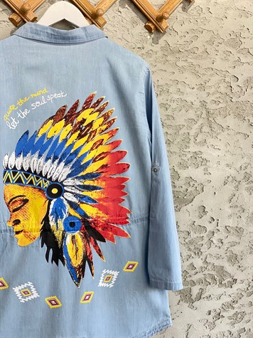 Sırtı Kızılderili Baskılı Çıtçıtlı Ceket (Buz Mavi)