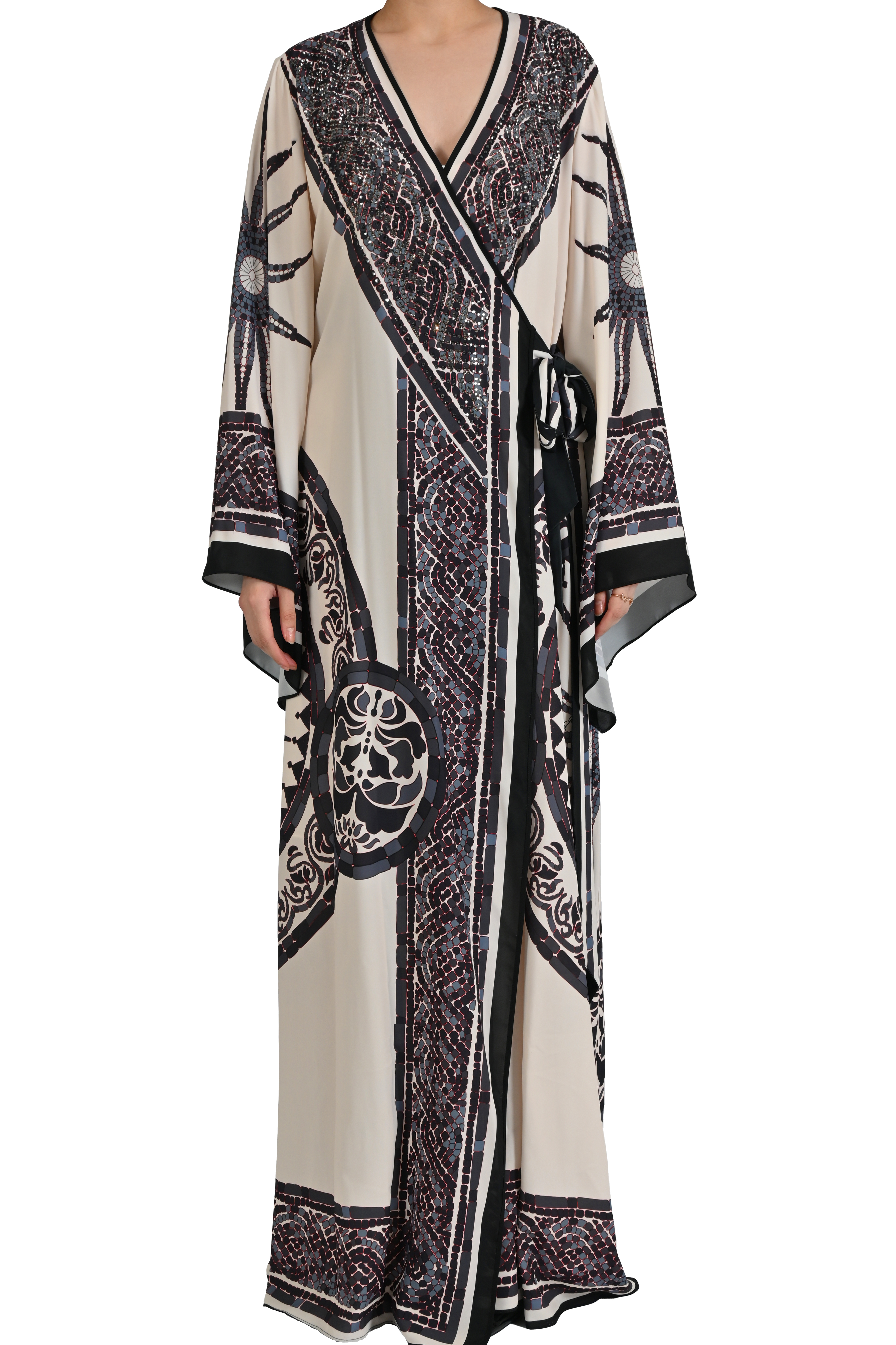 BEJ GÜNEŞ MOTİFLİ VE BELDEN BAĞLAMALI ABİYE KAFTAN