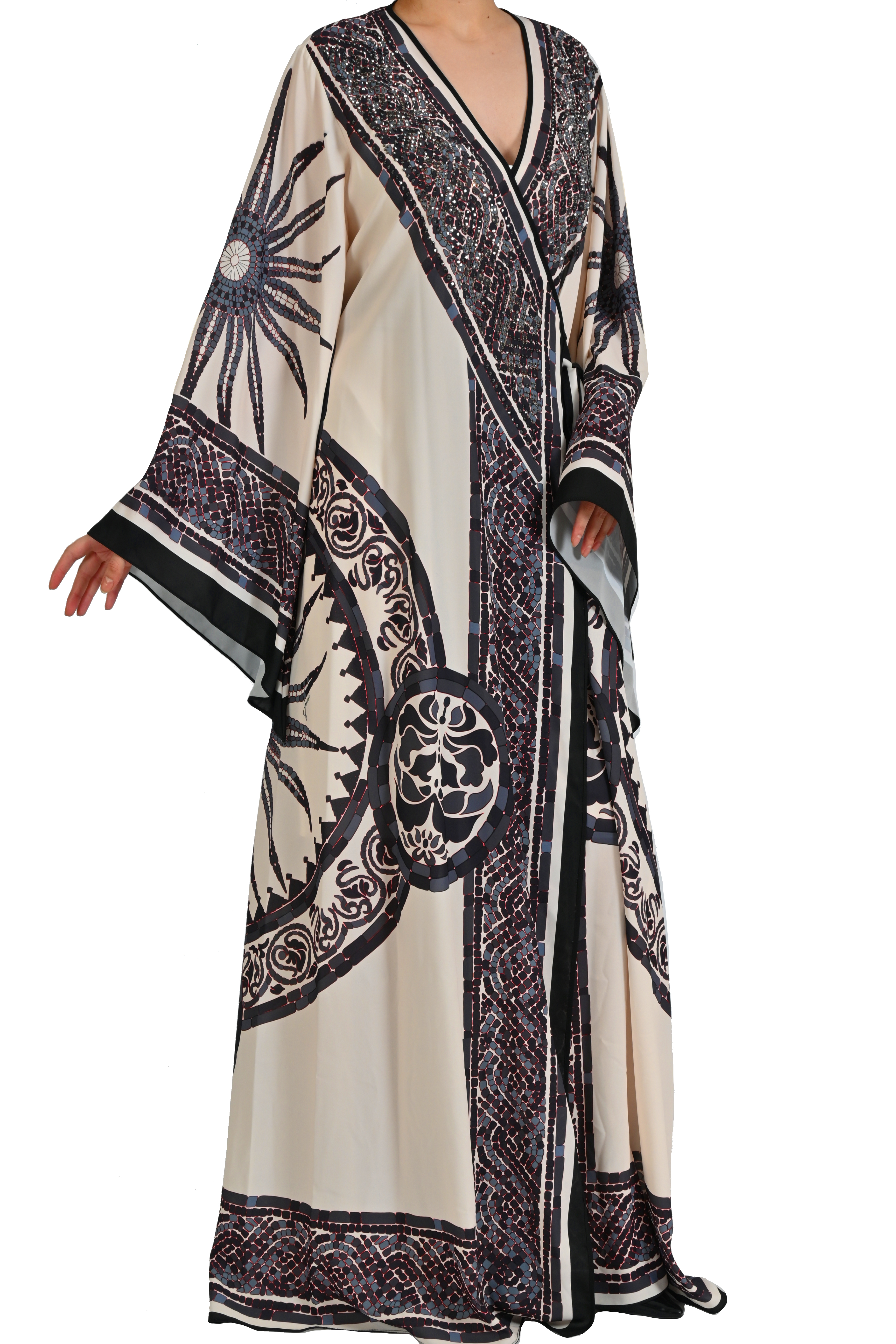 BEJ GÜNEŞ MOTİFLİ VE BELDEN BAĞLAMALI ABİYE KAFTAN
