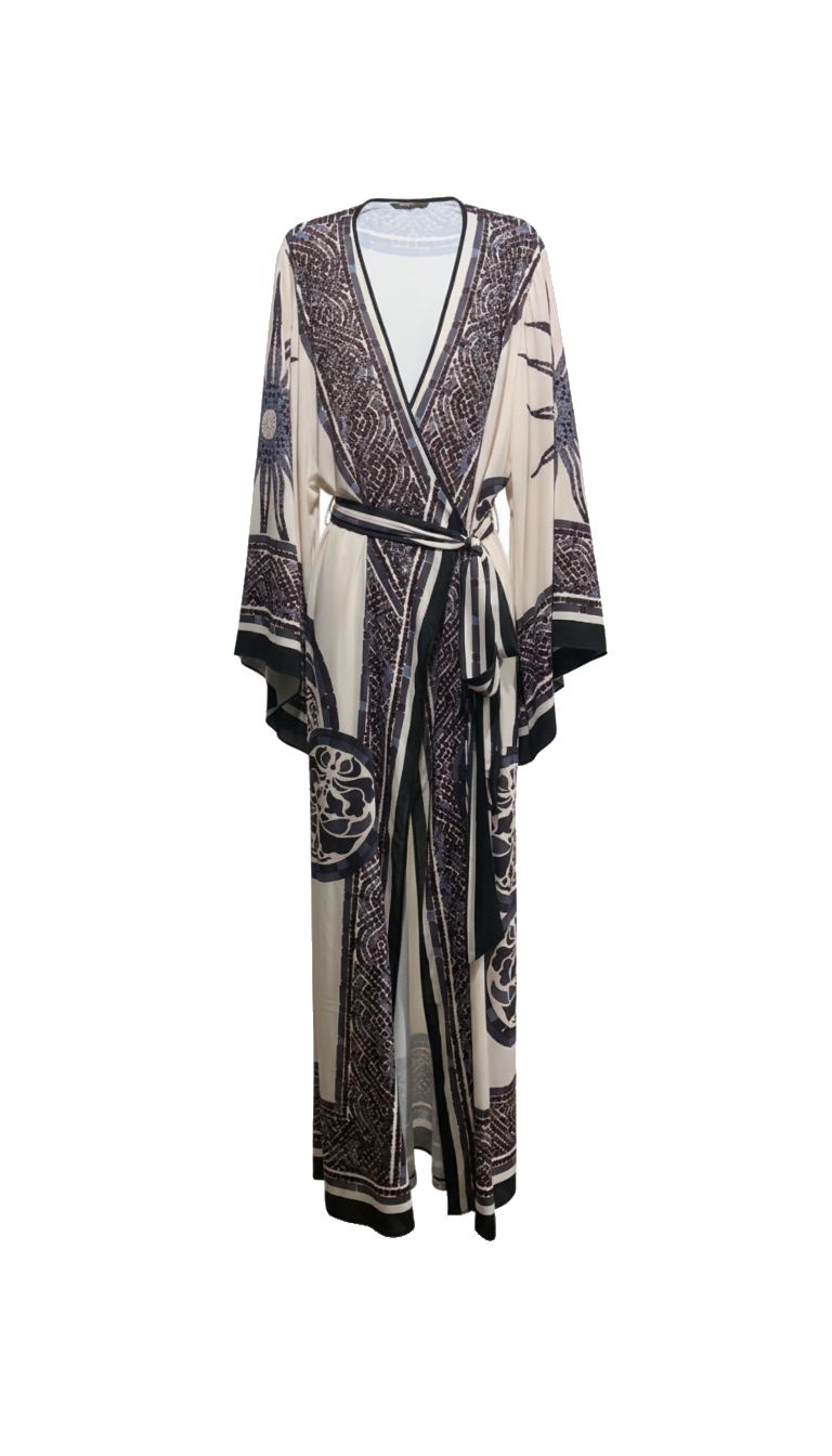 BEJ GÜNEŞ MOTİFLİ VE BELDEN BAĞLAMALI ABİYE KAFTAN