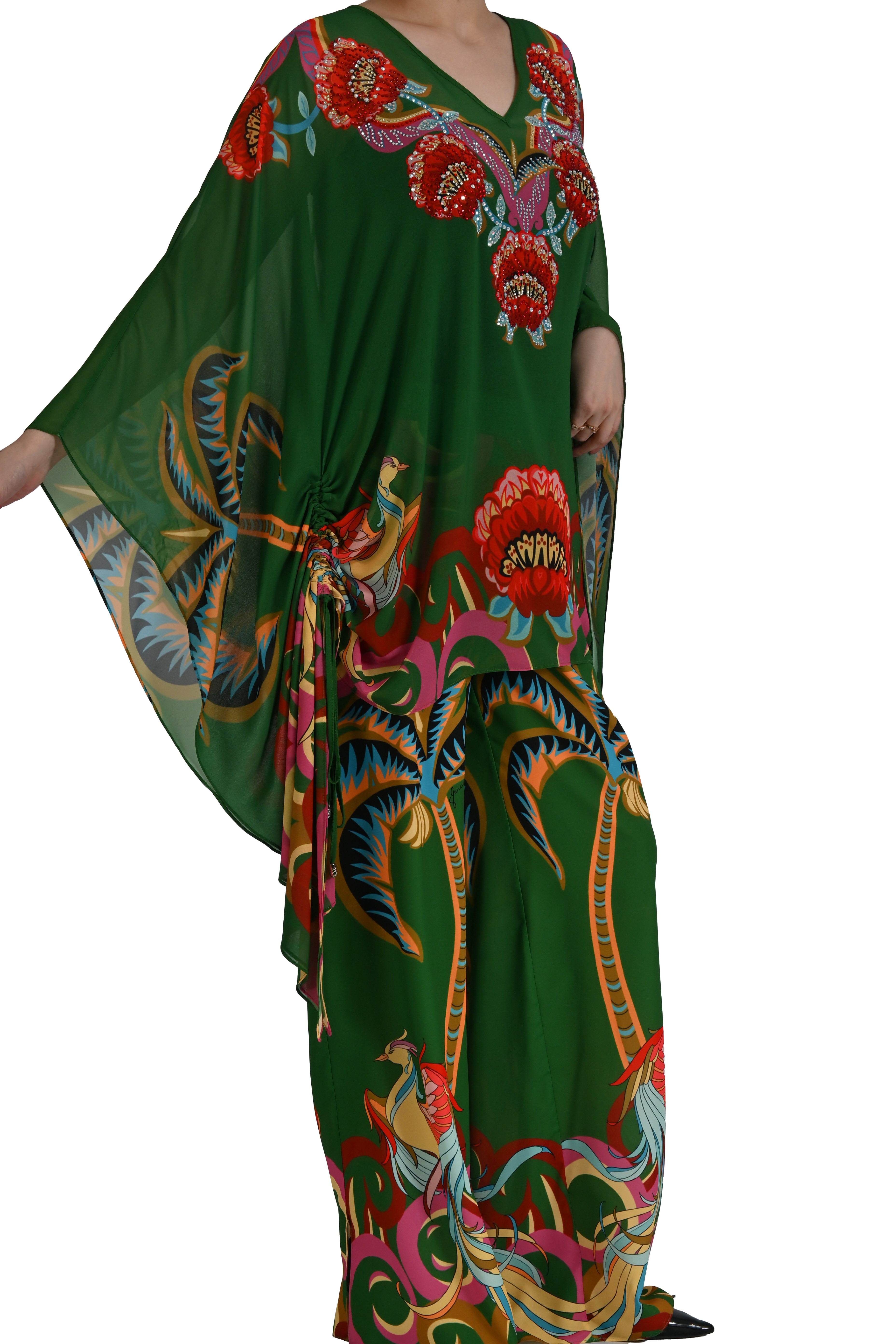 FLORAL NAKIŞLI ZÜMRÜT YEŞİLİ PELERİN TUNİK
