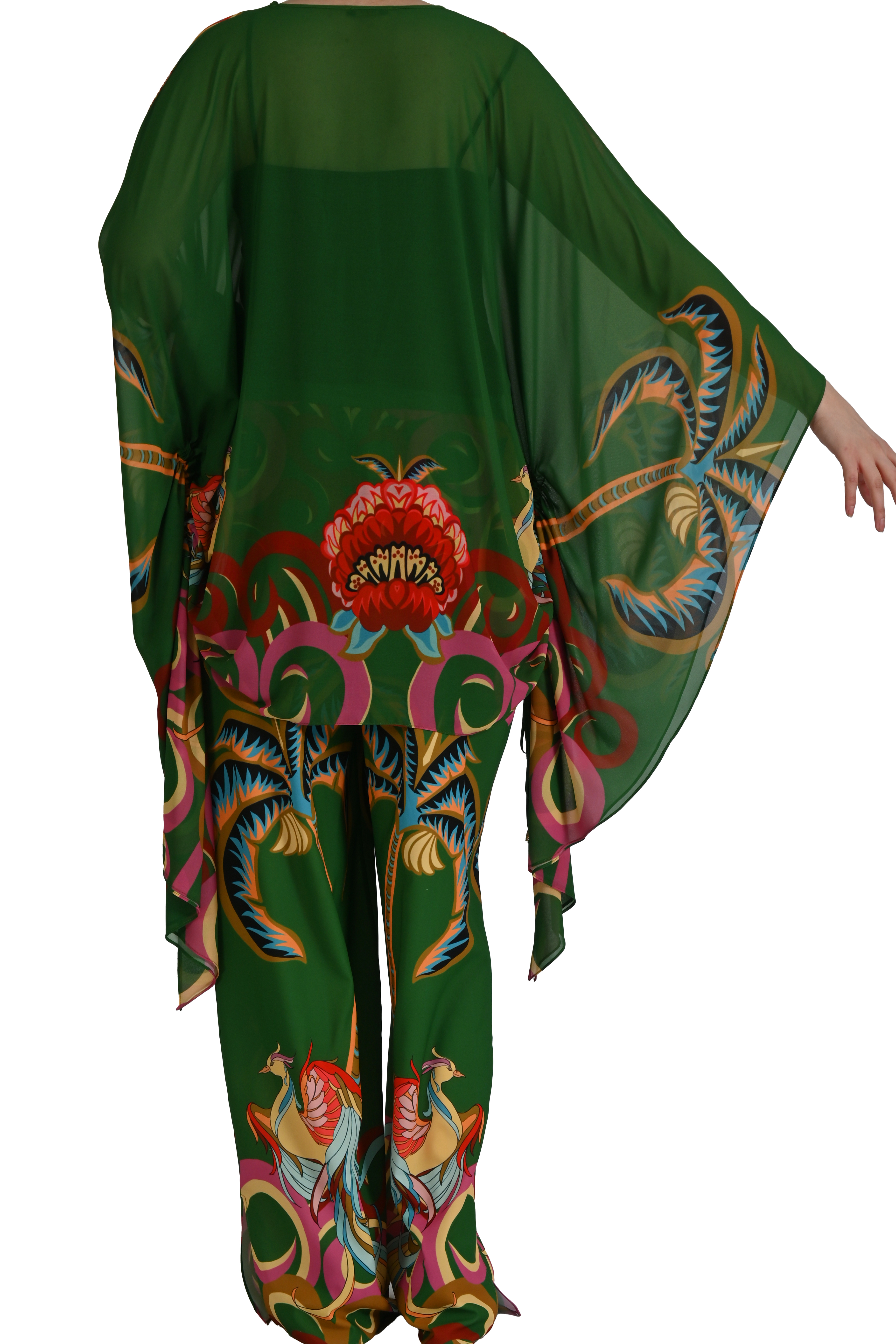 FLORAL NAKIŞLI ZÜMRÜT YEŞİLİ PELERİN TUNİK