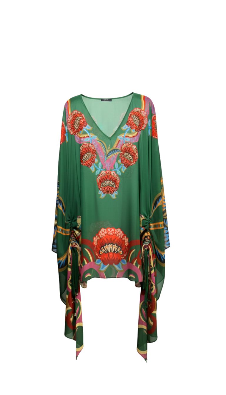 FLORAL NAKIŞLI ZÜMRÜT YEŞİLİ PELERİN TUNİK