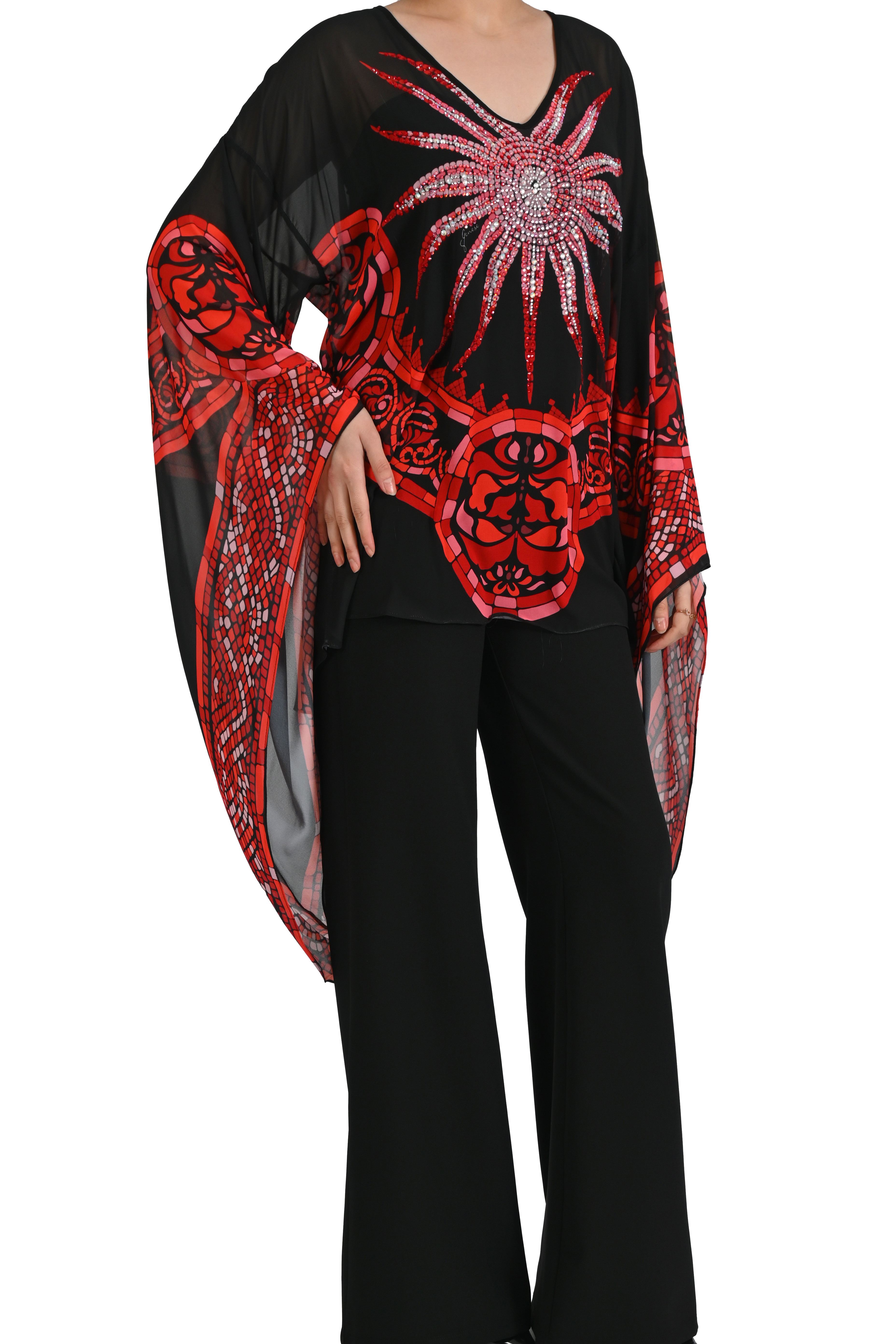 GÜNEŞ MOTİFLİ ANTİK ŞİFON KAFTAN ÜST