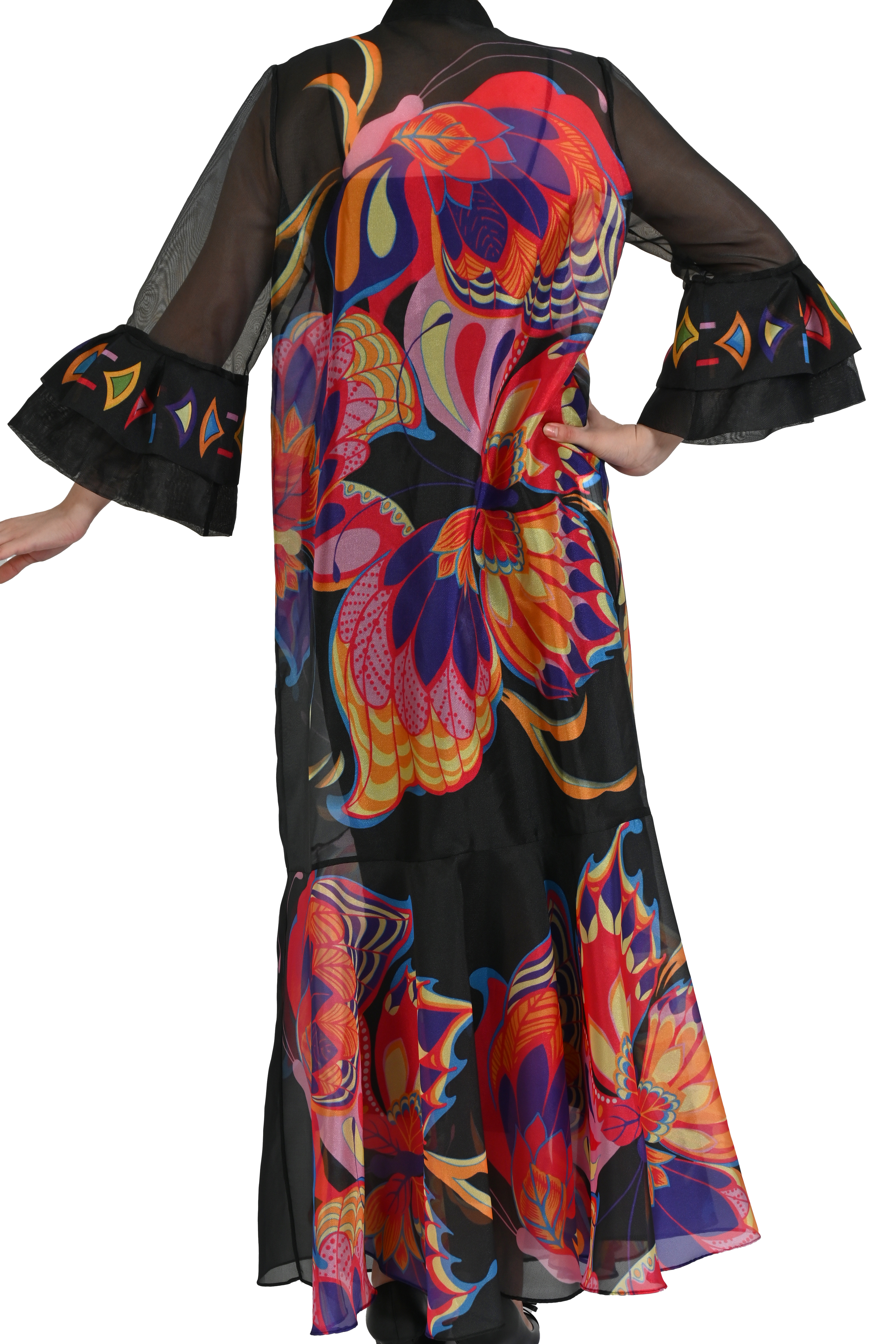 KATLI VOLAN KOLLU VE GEOMETRİK İŞLEMELİ ŞİFON KAFTAN